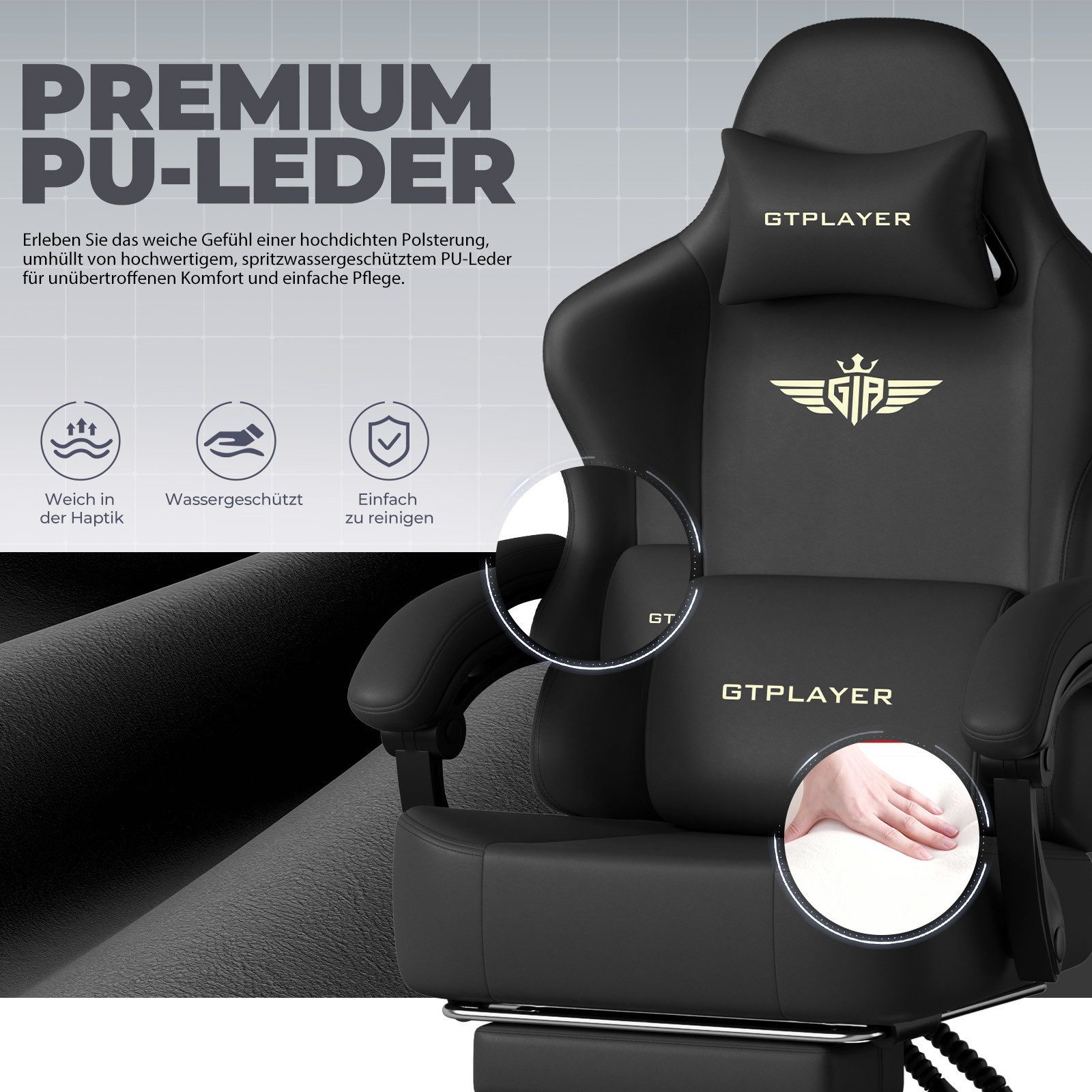 GTPLAYER Gaming-Stuhl Atmungsaktiver Bürostuhl, ergonomisch Hochwertiger - Stoff/Kunstleder, 160° Verstellbare Rückenlehne und ausziehbare Fußstütze