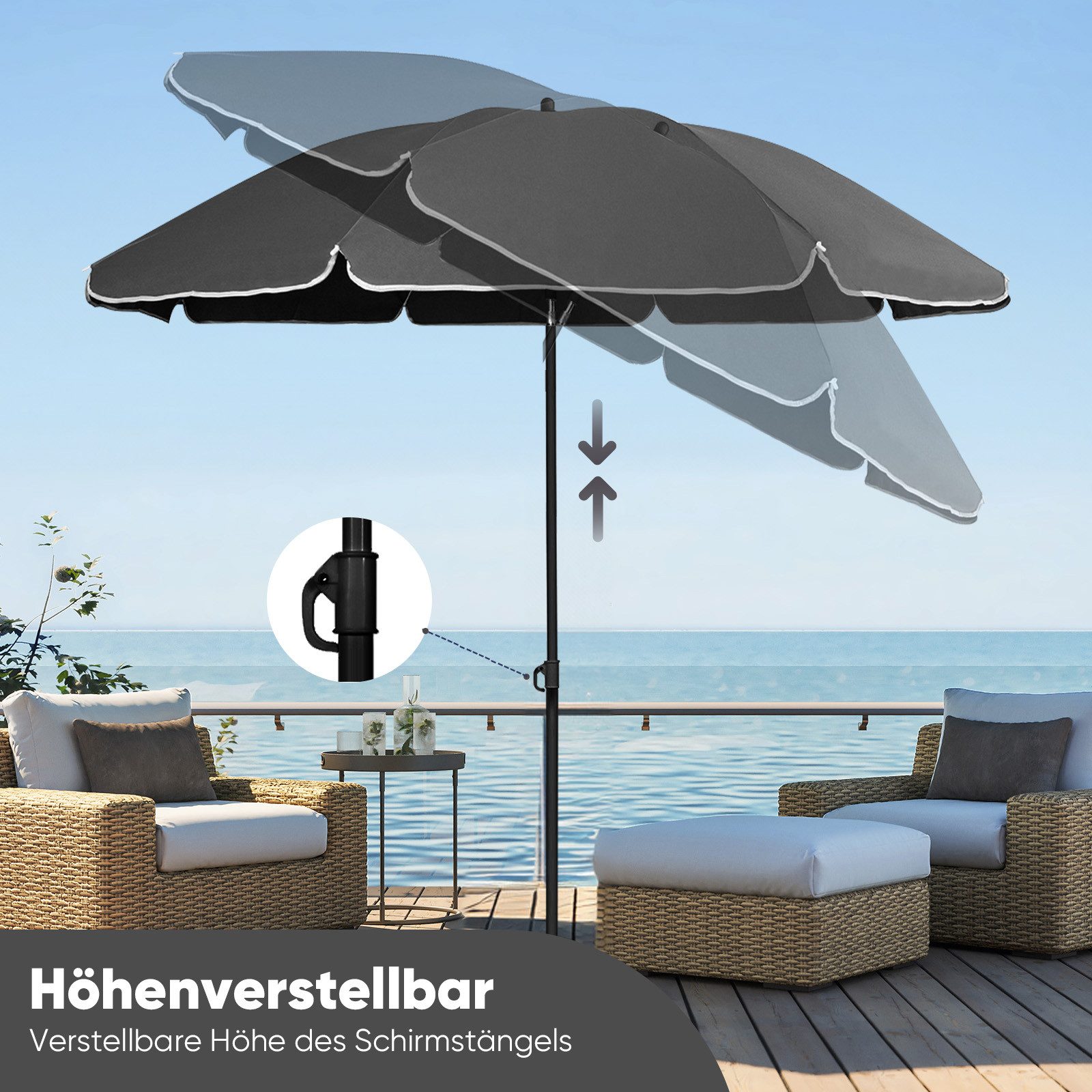 Sekey Sonnenschirm Ø 160 cm Balkonschirm Rund Strandschirm Sonnenschirm mit Schutzhülle, LxB: 160,00x160,00 cm, Neigungswinkel verstellbar, Höhe verstellbar, mit Tragetasche