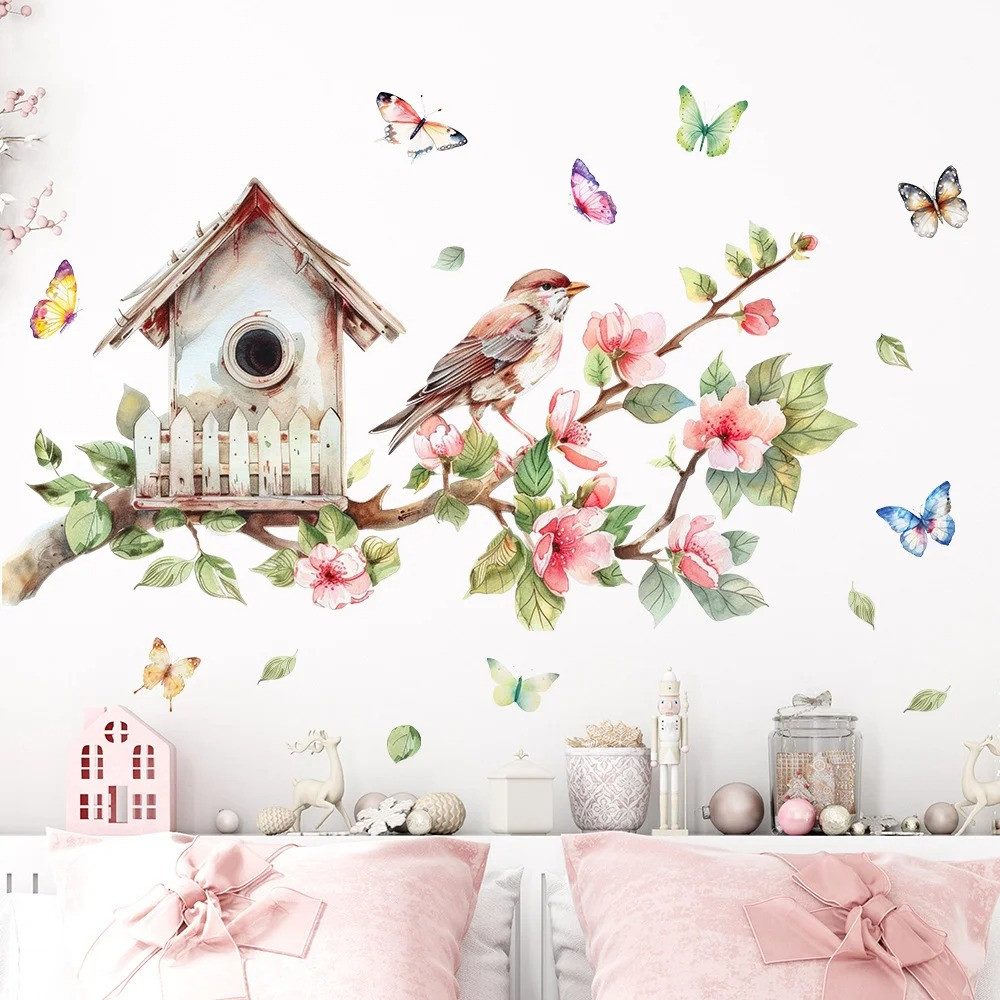 Agger Wandsticker Pflanzen- und Vogel-Wandaufkleber, Wanddekoration für Zuhause