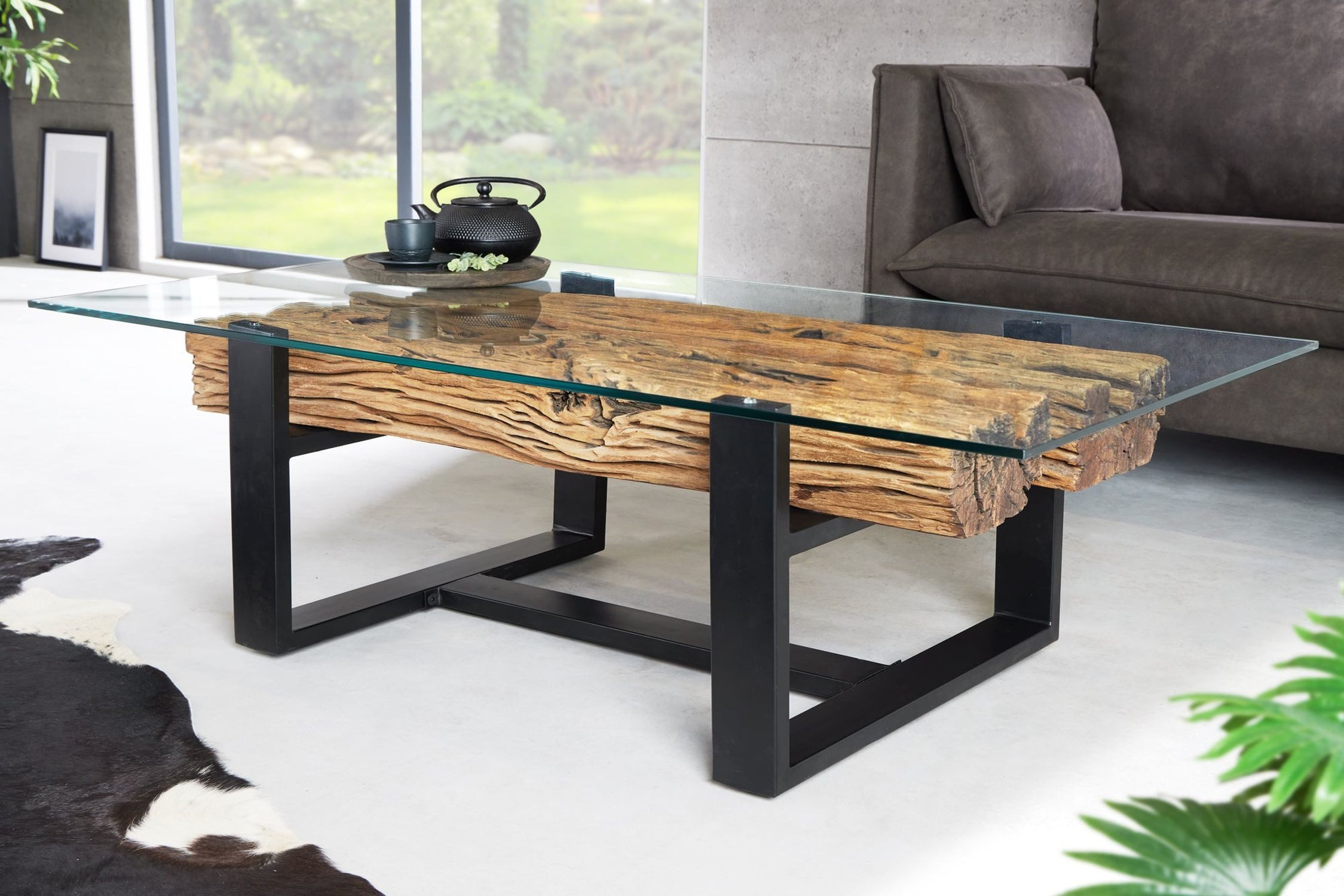Licht-Erlebnisse Couchtisch MAYA, aus recyceltem Teakholz Hartglas Edelstahl 130x70x42 cm (LxBxH)