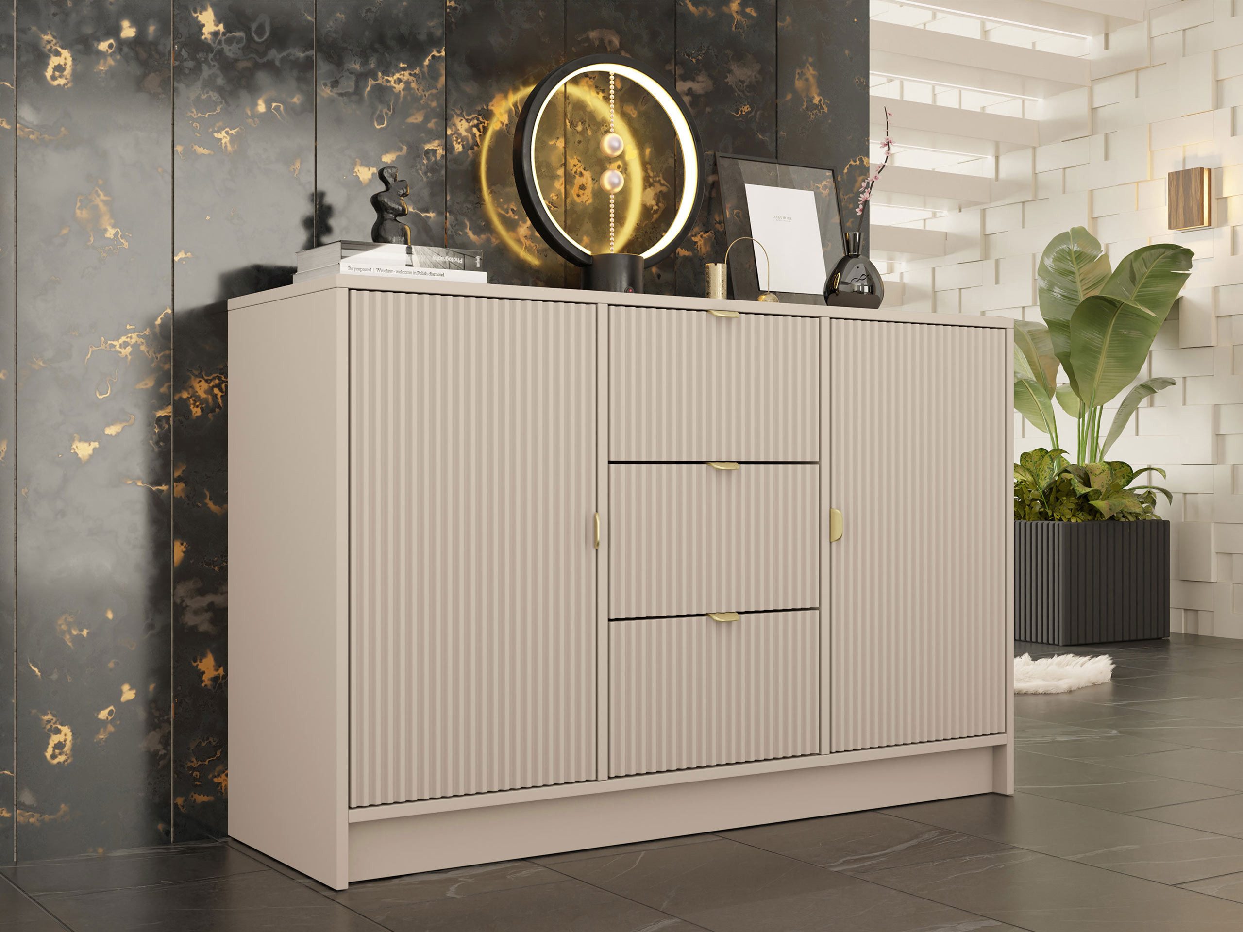 MIRJAN24 Kommode Tireno 2D3SZ (mit zwei Drehtüren und drei Schubladen), Aluminiumgriff in der Farbe Gold