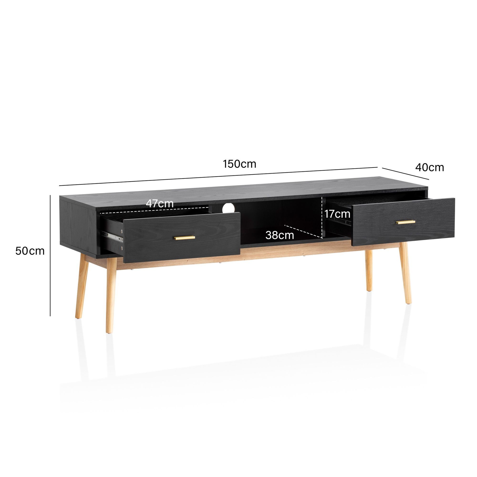 FINEBUY Lowboard FB99993 TV Schrank 150 cm Schwarz Schubladen Fernsehkommode Eiche (Schwarz Eiche, 150x50x40 cm, zwei Schubladen), TV-Kommode Hoch, TV-Schrank Modern Fernsehtisch