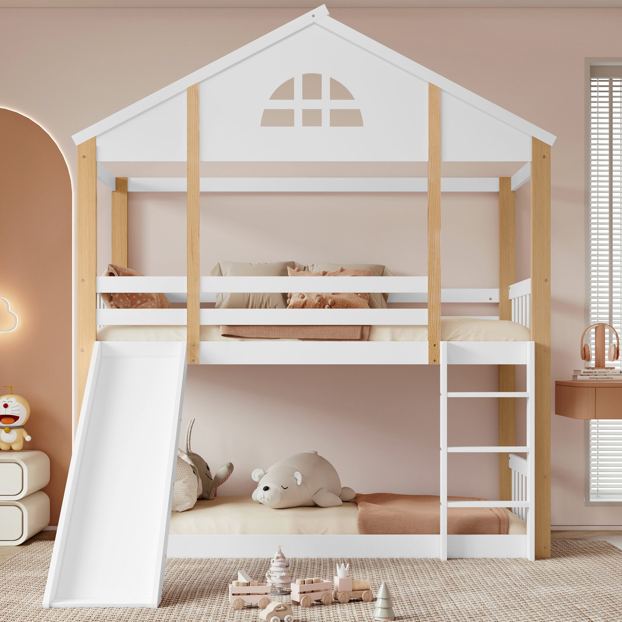 Kinderbett Etagenbett mit Fenstern,Winkelzugleiter Rutsche,Weiß+Natur,90x200cm