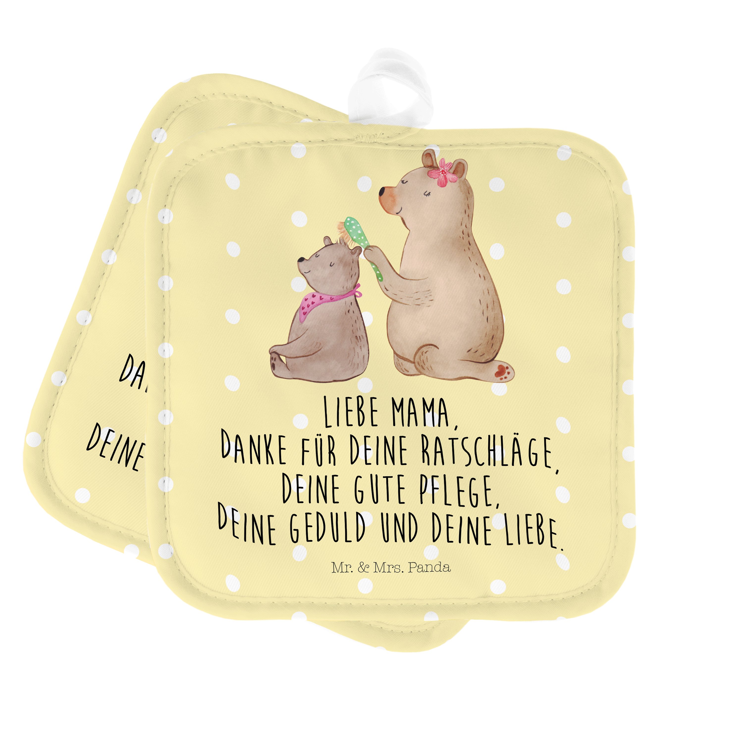 Mr. & Mrs. Panda Topflappen Bär mit Kind - Gelb Pastell - Geschenk, Mutter, Topflappen Set, Mama, (1-tlg)