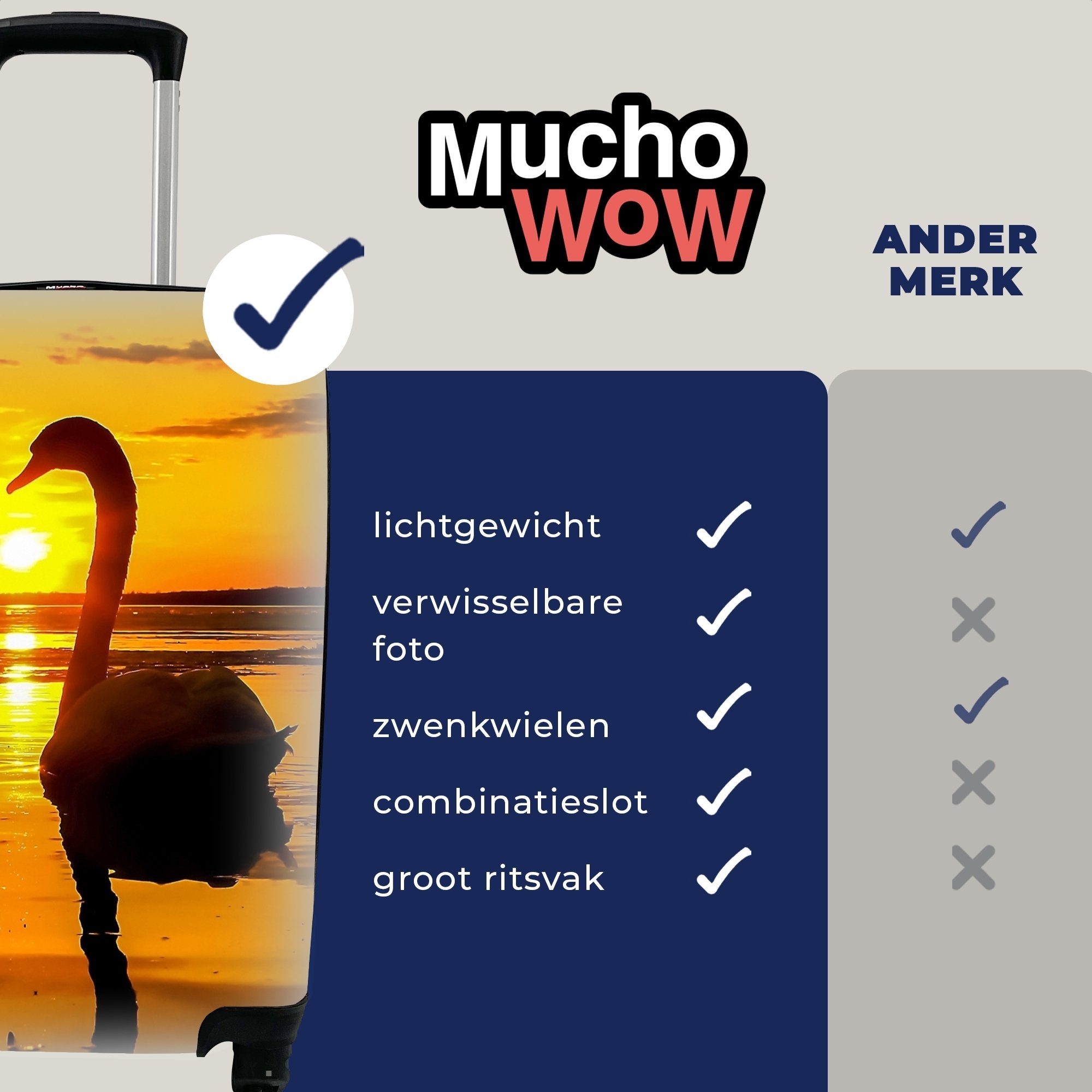 MuchoWow Handgepäckkoffer Schwäne mit für Sonnenuntergang Ferien, - Reisekoffer - Reisetasche Wasser, Orange rollen, - Vogel 4 Trolley, Rollen, Handgepäck 