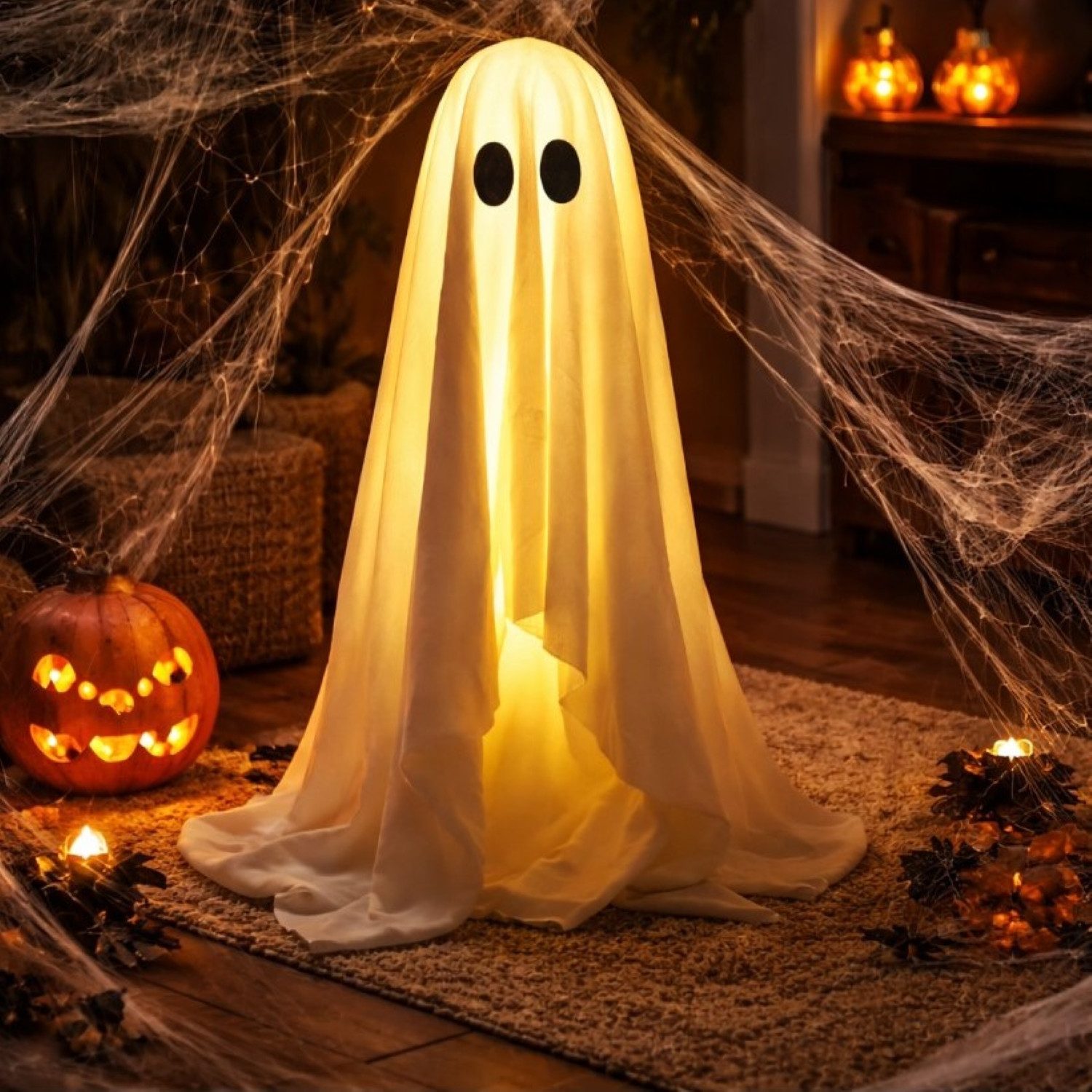 Online-Fuchs Dekofigur großer Geist mit LED-Beleuchtung & Timer - Halloween Deko innen (Blickfang im Eingangsbereich, warmweiße LED-Beleuchtung), schaurig süßer Geist mit LED-Lichterkette bestückt