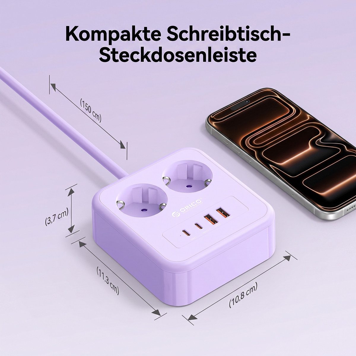 ORICO Steckdose 6-in-1 Mehrfachsteckdose mit USB-C PD 20W, 3 m Kabel, 1-St., 2 Steckdosen & 4 USB (2× USB-C), Kompakt-Powercube für Büro & Zuhause – Bild 4 von 5