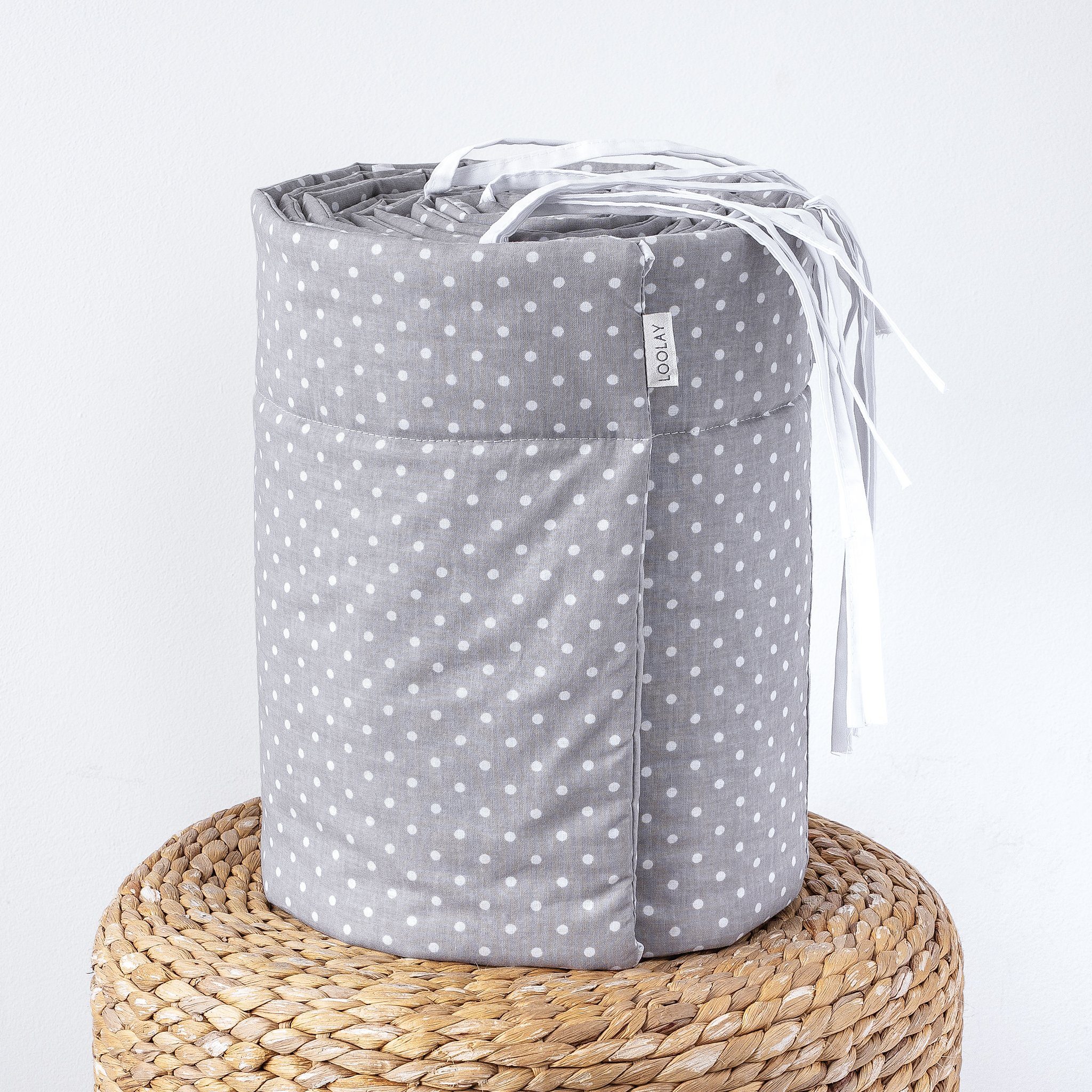 Loolay Bettnestchen GRAU WEIß Baumwolle BETTUMRANDUNG Babybett 420, 360, 210, 180 x 30cm, (Babyausstattung Babynest Kopfschutz Kantenschutz Baby, 100% Baumwolle Babybett Bettschutzgitter Umrandung), LOOLAY® - 100% Europäische Stoffe und Kleinserien-Nähen!