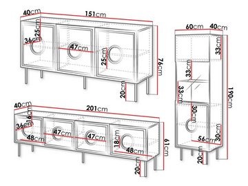 MIRJAN24 Wohnzimmer-Set Palazzo II, (3er-Set, Kommode, Vitrine, Kommode), Griffloses Öffnungssystem push to open