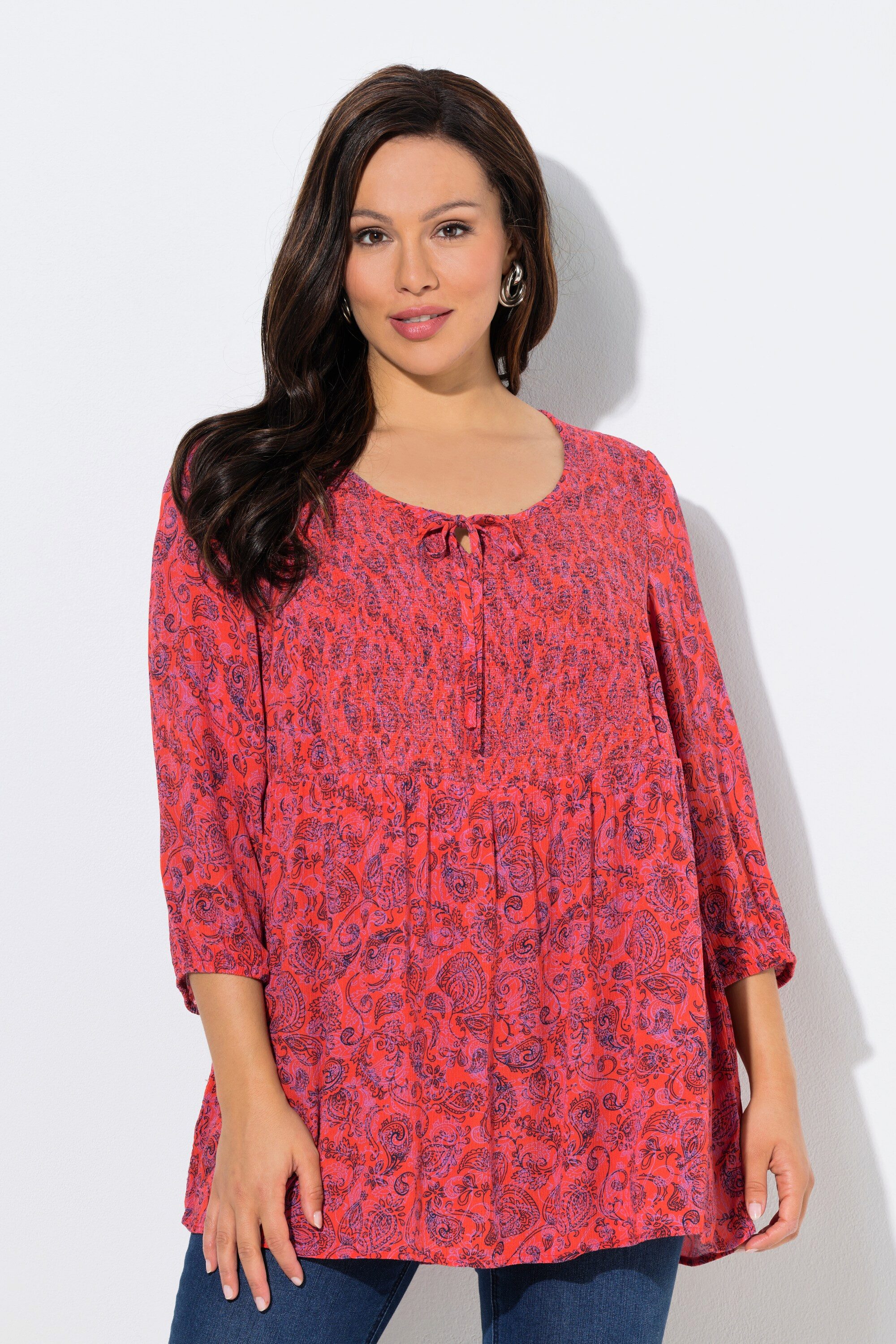 Ulla Popken Longbluse Smokbluse Bluse Rundhals 3/4-Arm Rückenfalte günstig online kaufen