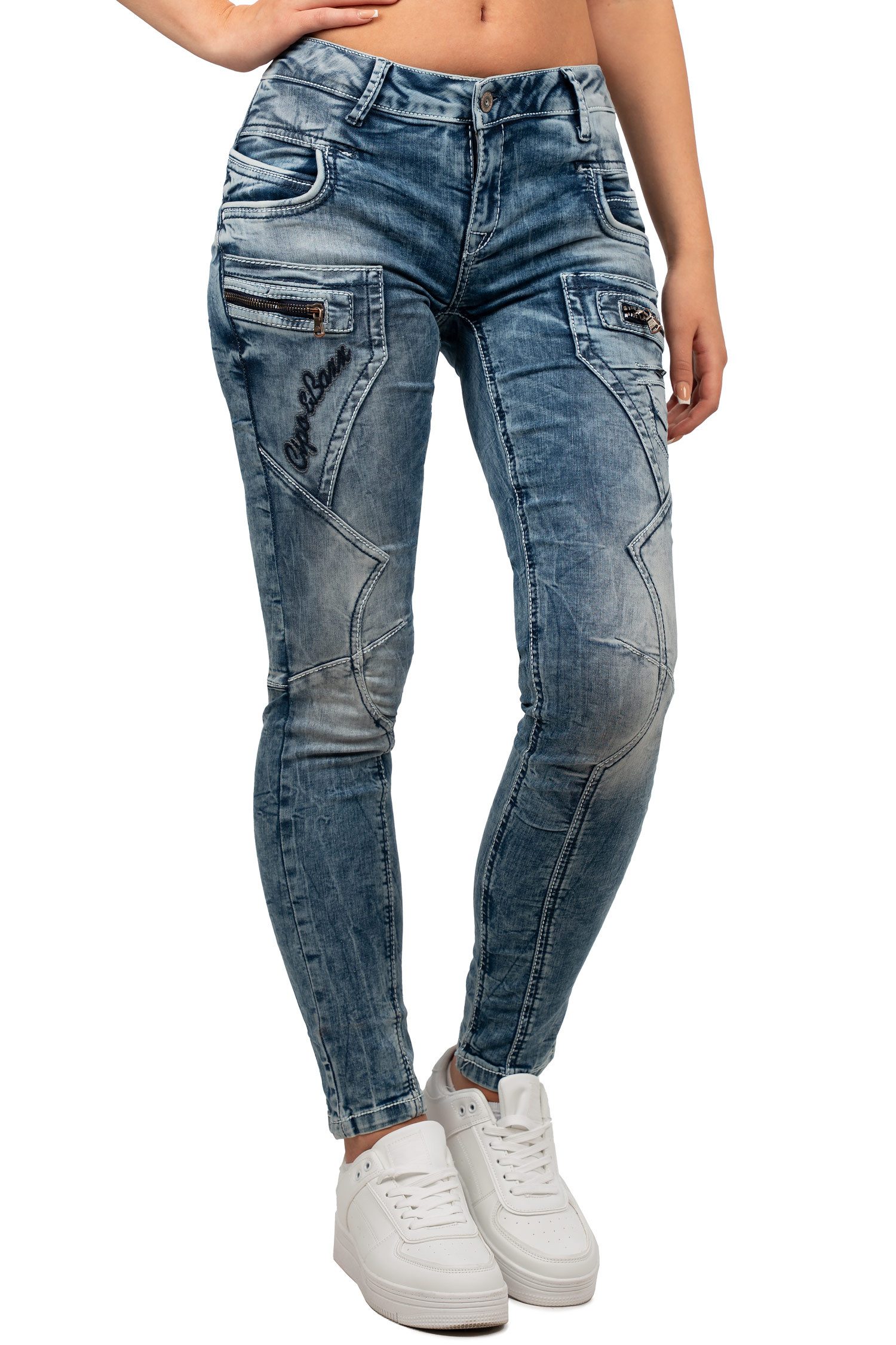 Cipo & Baxx Slim-fit-Jeans Damen Slim Fit Hose Stonewashed BA-WD322 im Biker Style mit Zippern und Ziernähten