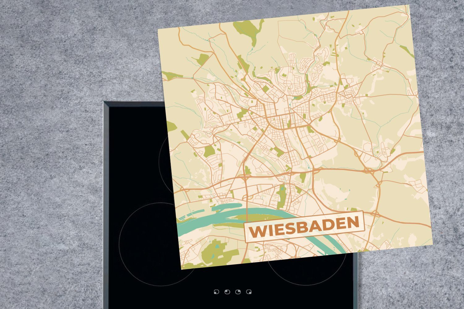 tlg), Wiesbaden Arbeitsplatte MuchoWow küche - cm, Herdblende-/Abdeckplatte Karte für 78x78 Vinyl, (1 - Ceranfeldabdeckung, - Stadtplan, Vintage
