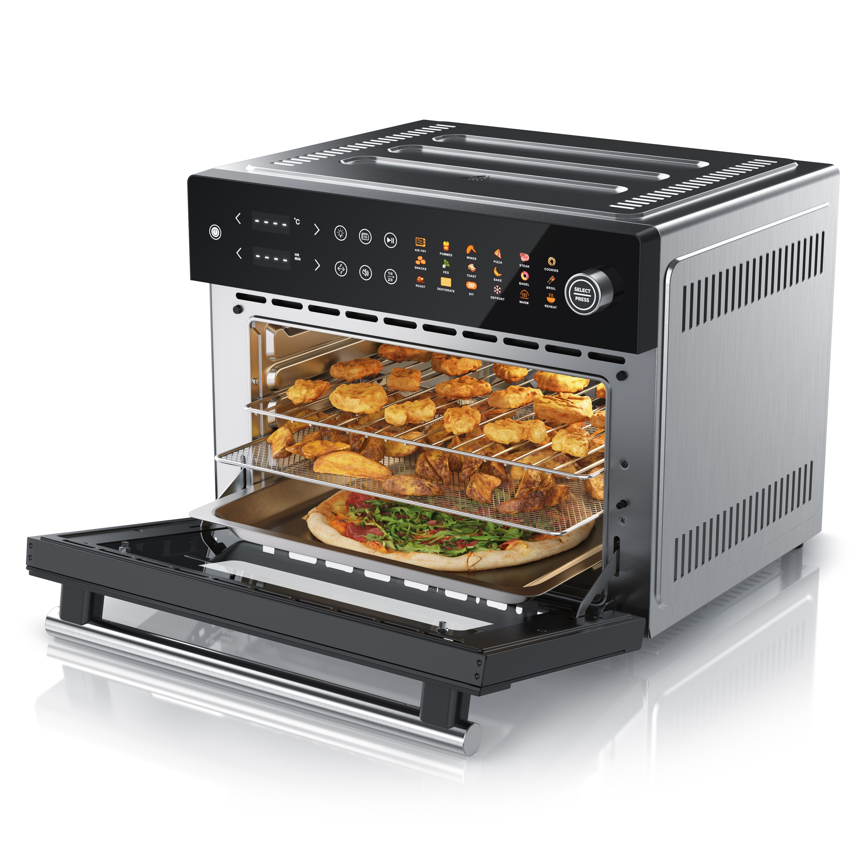 Arendo Minibackofen Airfryer 30L Edelstahl Multifunktionsofen, XXL Heißluftfritteuse 1800W, mini Backofen Dörrgerät + Zubehör, Drehspieß, rotierender Frittierkorb