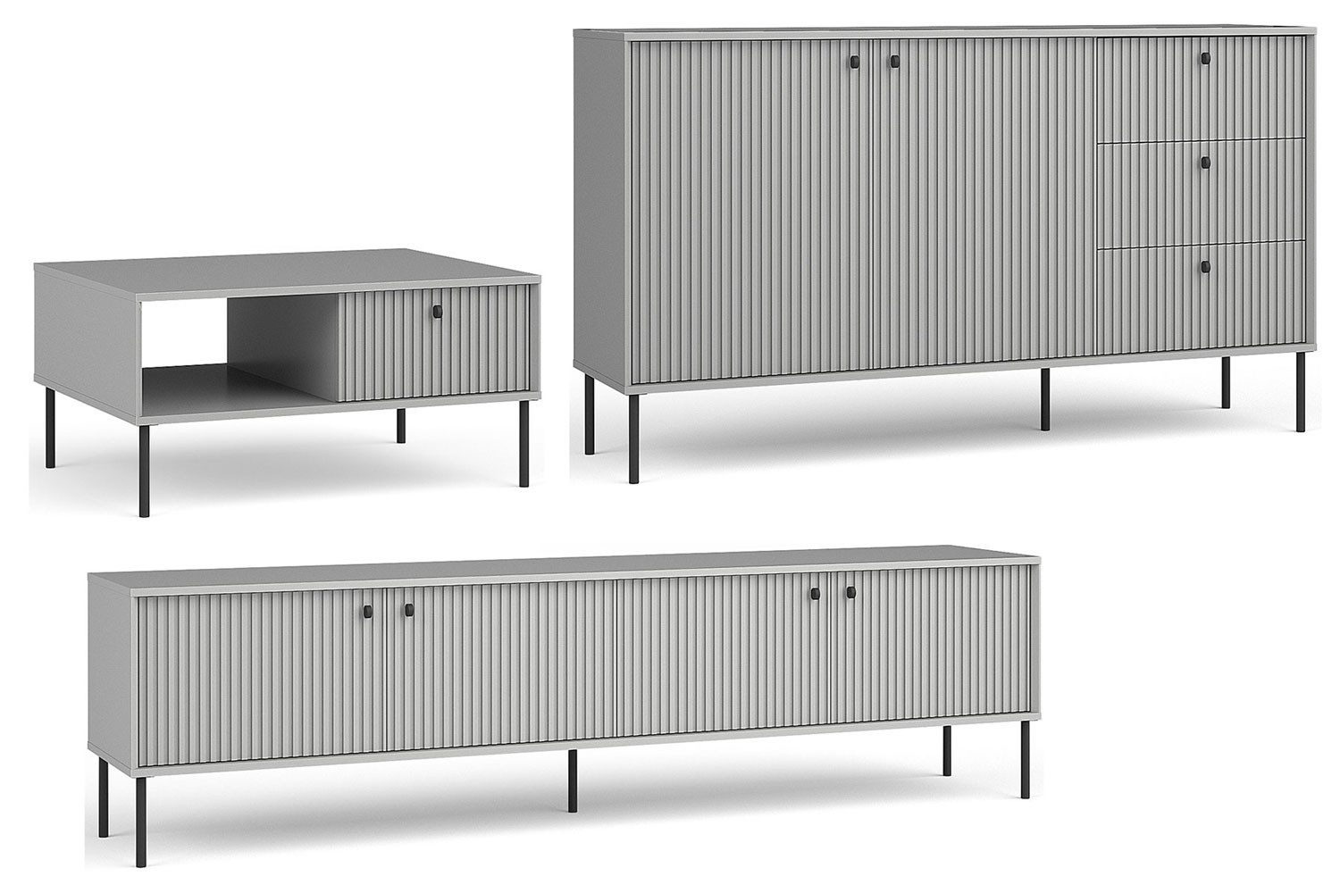 Feldmann-Wohnen Wohnwand Iris, (1 Kommode, 1 Lowboard, 1 Couchtisch, 0-St., moderne Optik, gerillte Fronten, Soft-Close, Griffe & Füße aus Metall), 3-teilig, grau matt; Türen, Holzböden, Glasböden, Schubladen