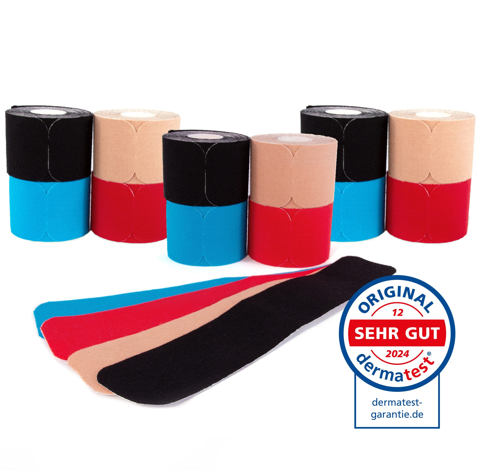 Axion Kinesiologie-Tape PRECUT 12er Mix-Set, 20 vorgeschnittene Sport Tapes 25 x 5 cm (12-St) 4 Farben • wasserfest • hautfreundlich • elastisch • selbstklebend