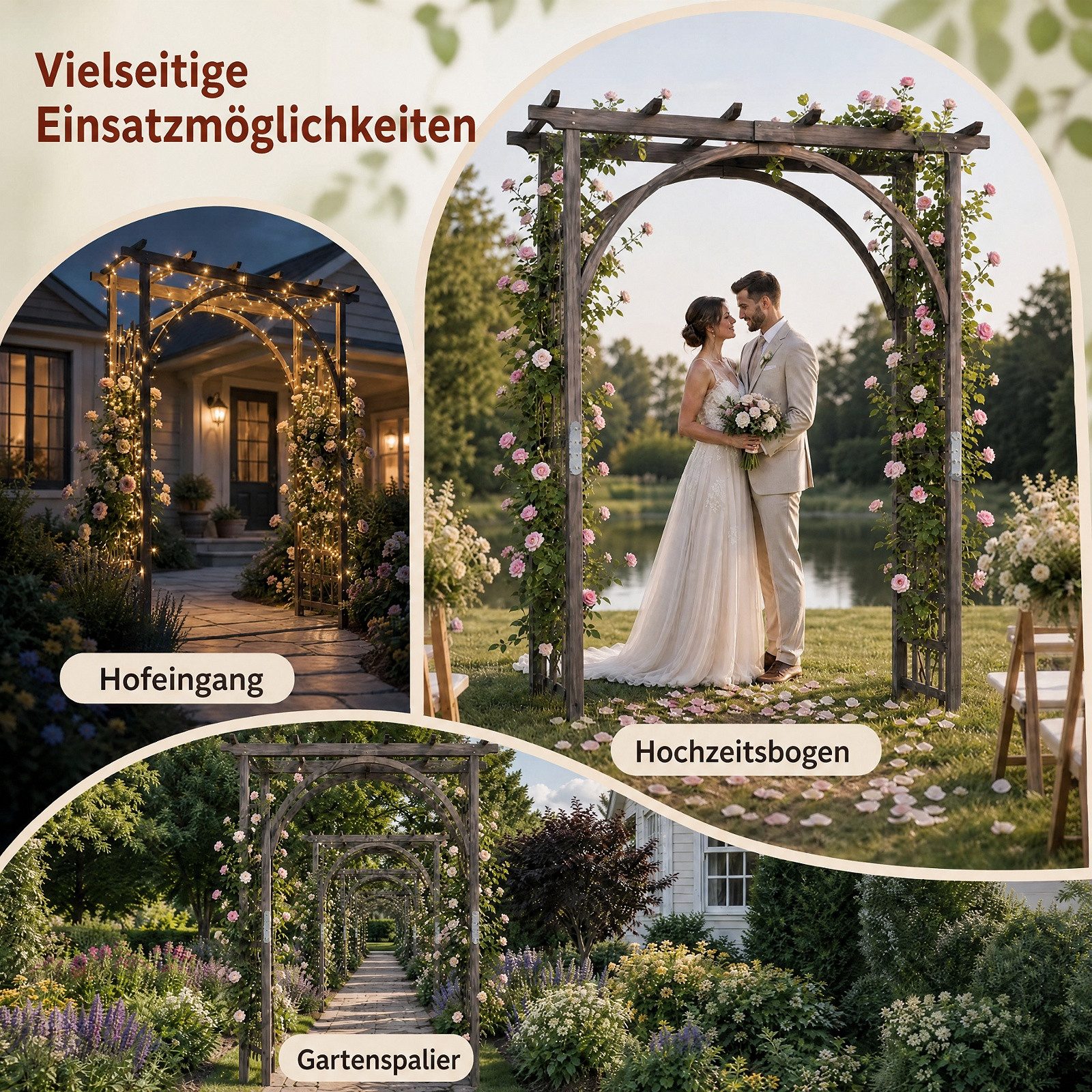 KOMFOTTEU Rosenbogen Gartenbogen Rankhilfe Rankgitter, mit Dach & seitlichen Rankgittern – Bild 5 von 5