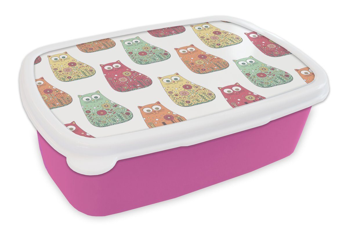 MuchoWow Lunchbox Mädchen - Katze - Blumen - Muster - Mädchen - Kinder - Kinder, Kunststoff, (2-tlg), Brotbox für Erwachsene, Brotdose Kinder, Snackbox, Mädchen, Kunststoff rosa | Lunchboxen