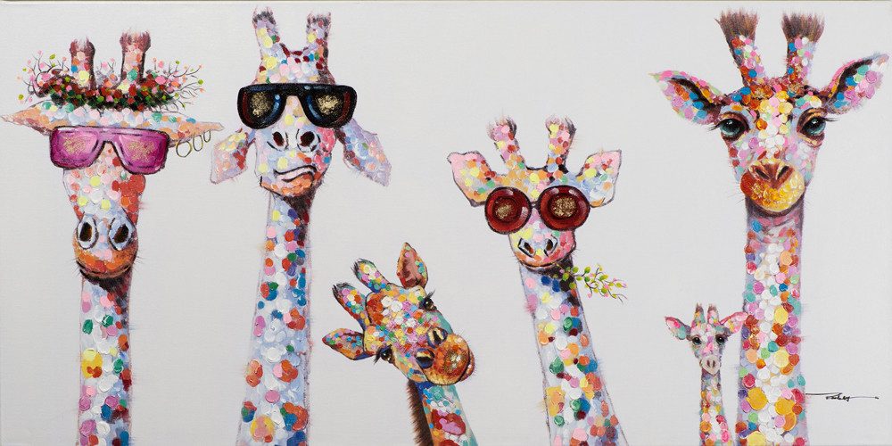 ArtUniverse Gemälde Leinwandbild Kuriose Giraffenfamilie I 50 x 100 cm, Tiermotiv
