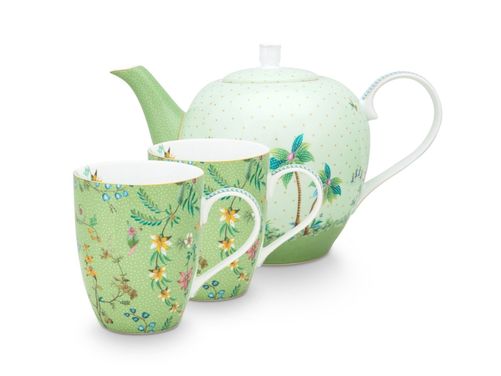PiP Studio Teeservice Jolie Flowers Green Teeset groß Set3, Porzellan, Set/3 Tea Set Large Jolie Flowers Green