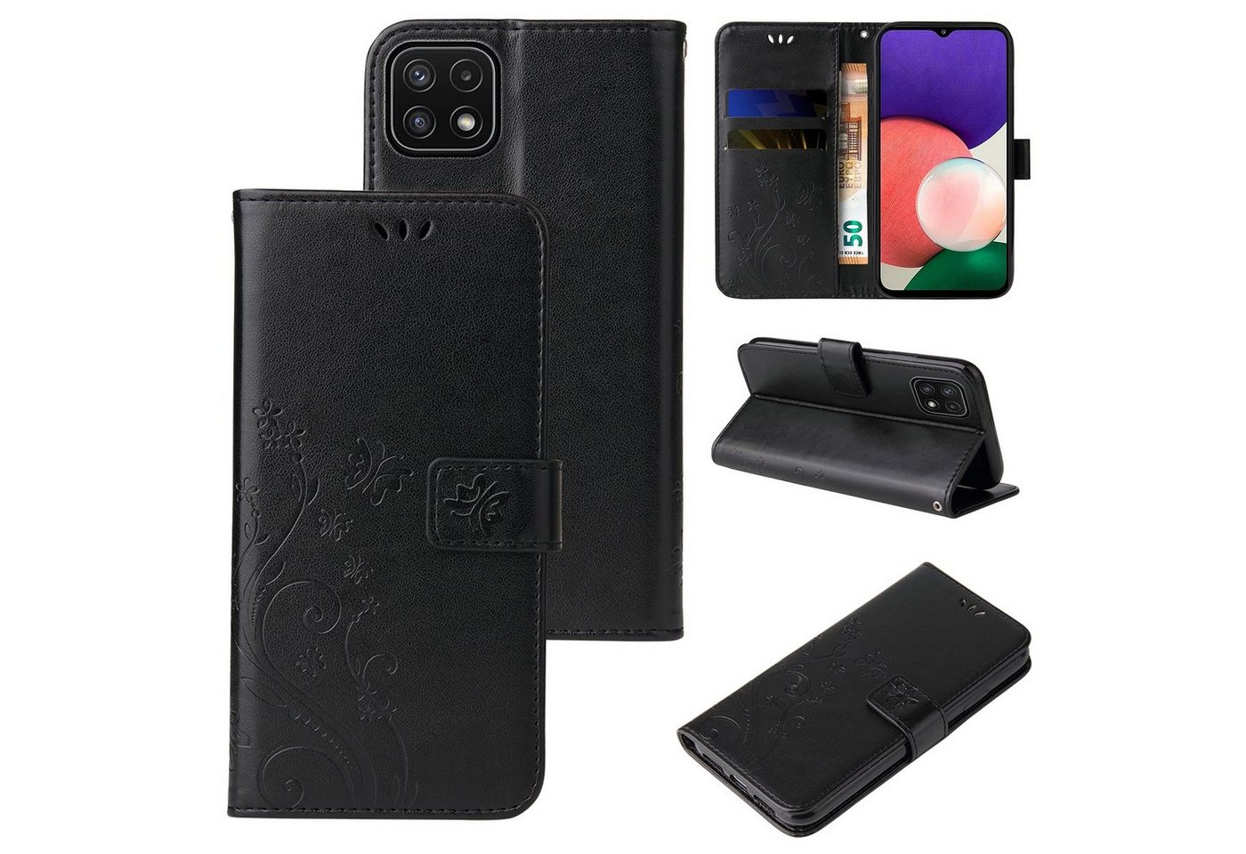 Tec-Expert Handyhülle Cover Tasche Hülle für Samsung Galaxy A22 5G 6,6 Zoll, Klapphülle Case mit Kartenfach Fliphülle aufstellbar, Motiv Blumen