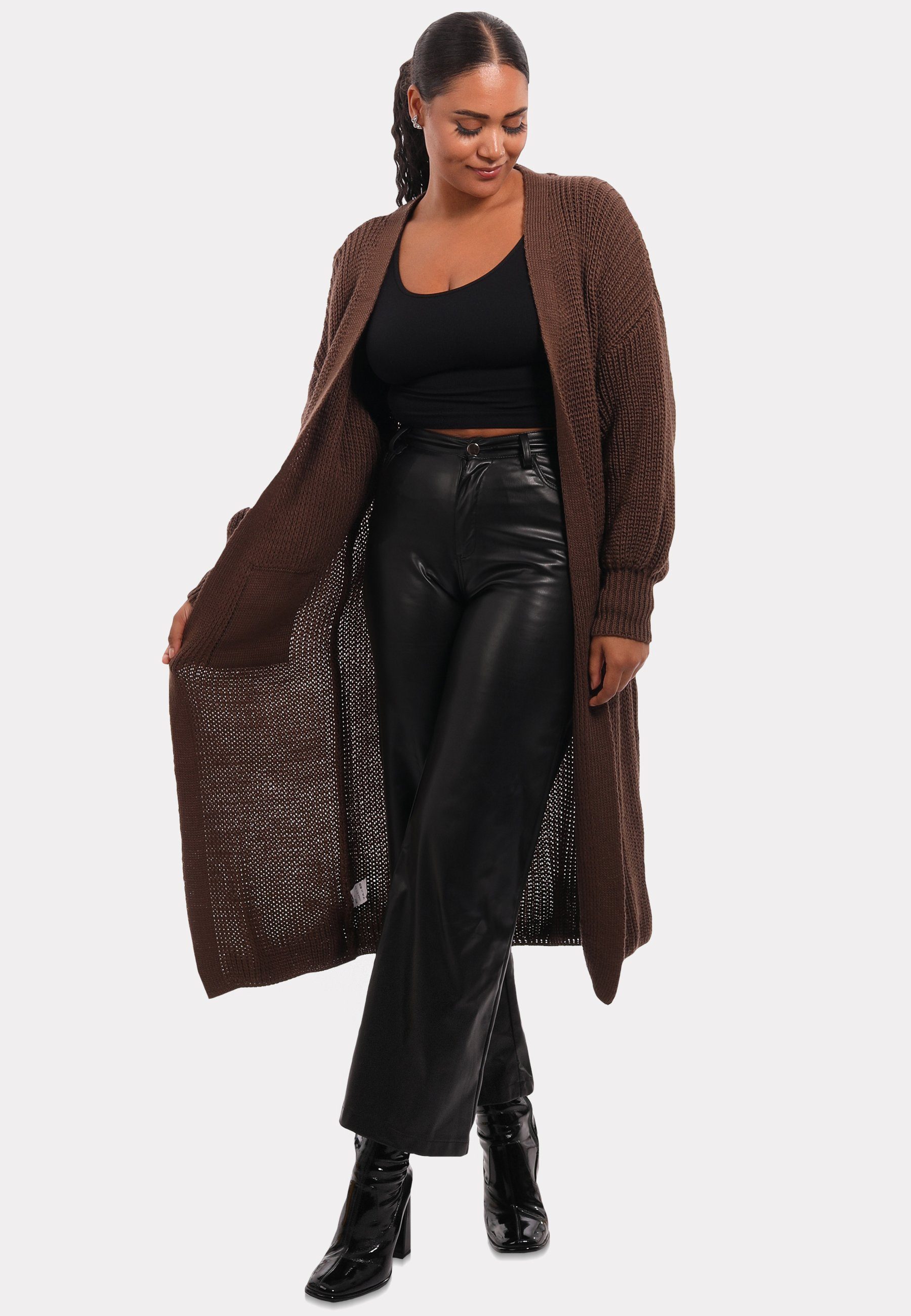 Style in Strickjacke Fashion mit Cardigan braun Verschlusslos YC Unifarbe, & Taschen aufgesetzten Cardigan Basic