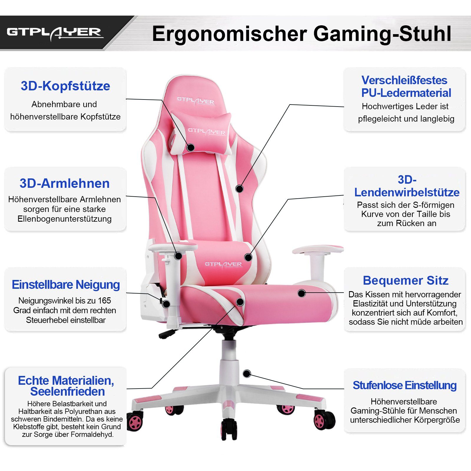Gaming kg Gaming-Stuhl 90°-165° Stuhl, Gaming Neigungswinkel GTPLAYER Stuhl bis belastbar, Bürostuhl Sessel Gamer 150 ergonomischer rosa