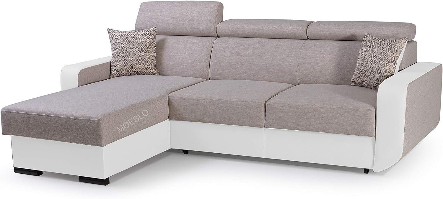 MOEBLO Ecksofa Pedro, Eckcouch Sofa Couch Wohnlandschaft L-Form Polsterecke - 236x165x97 cm, mit Schlaffunktion, mit Bettkasten Beige + Weiß (INARI 22 + MADRYT 920)