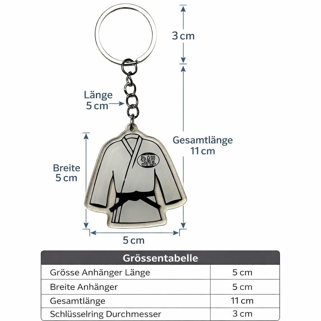 BAY-Sports Schlüsselanhänger mini Karate Anzug Karatejacke Karateanzug Anhänger Taekwondo Judo (mit Budogürtel schwarz, Acrylglas), Beidseitig sichtbar, schwarzer Budogürtel, Aus Acryl