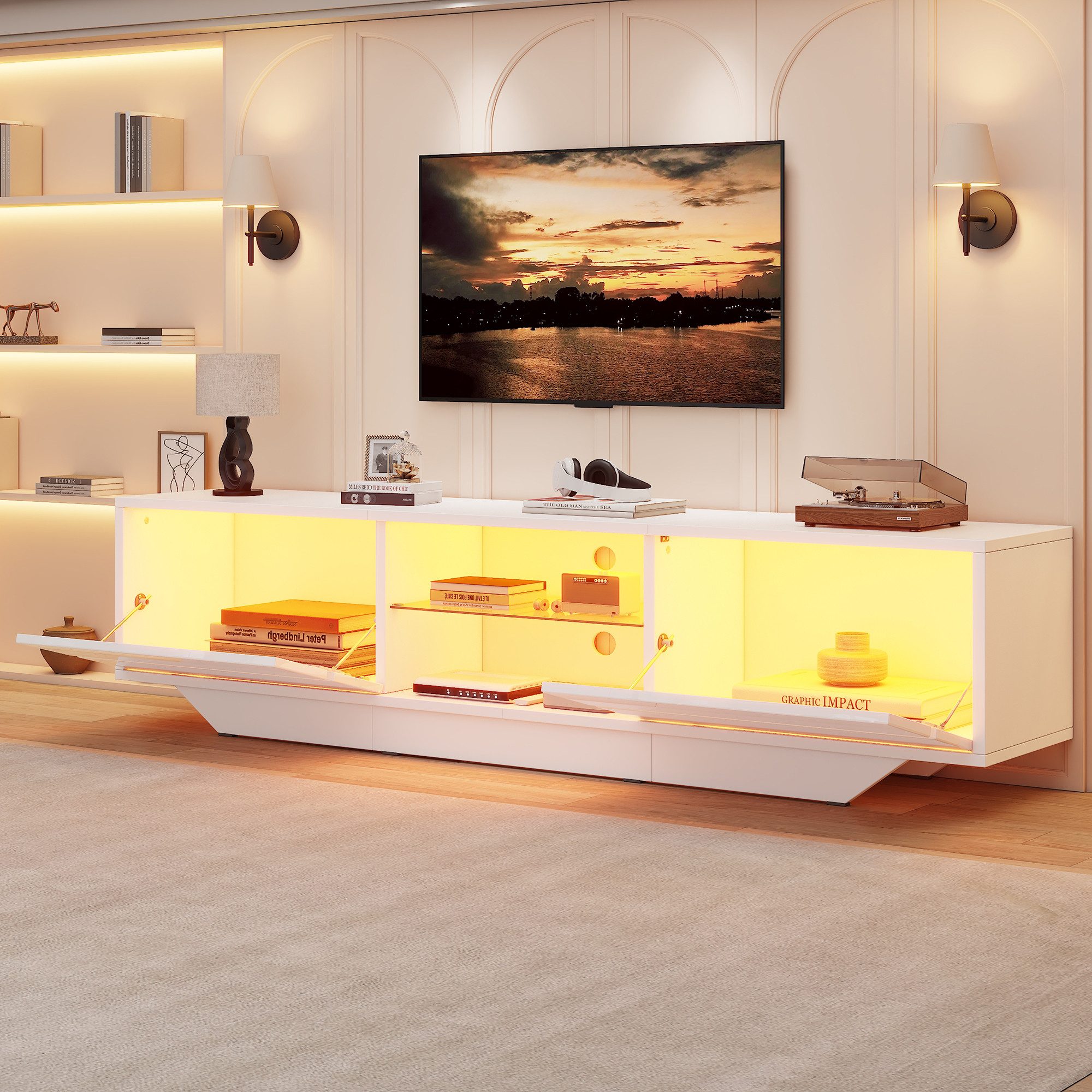 Merax Lowboard mit LED Beleuchtung & RGB App-Steuerung (Fernsehtisch 160 x 35 x 44,5 cm, 1 St), Hochglanz TV-Schrank mit 2 Klapptüren, Ablagefach & Stauraum