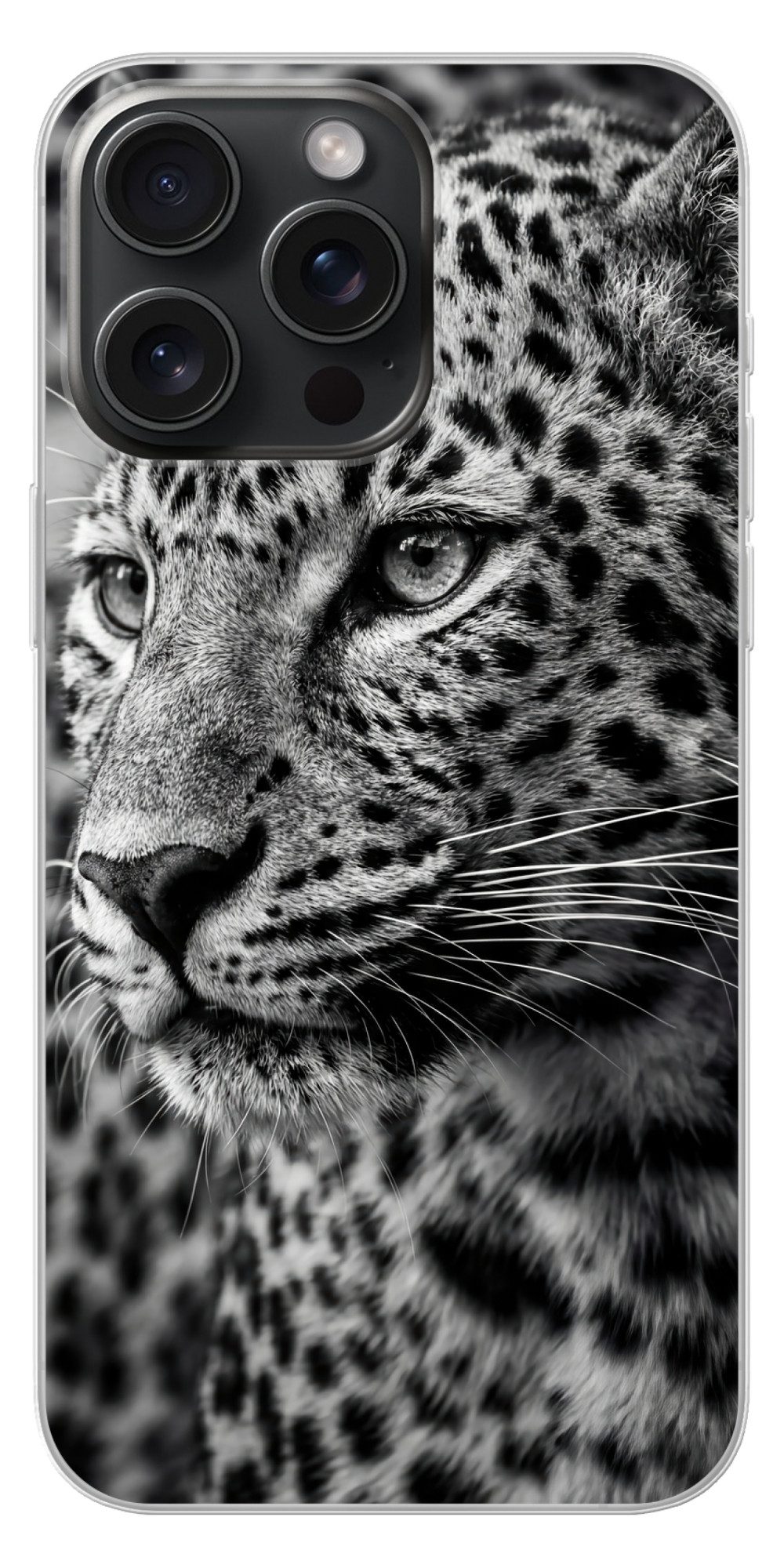 MuchoWow Handyhülle für Apple iPhone 15 Pro Max Leopard - Schwarz - Weiß - Auge, Smartphone-Bumper, Print, Handy Schutzhülle Dünn