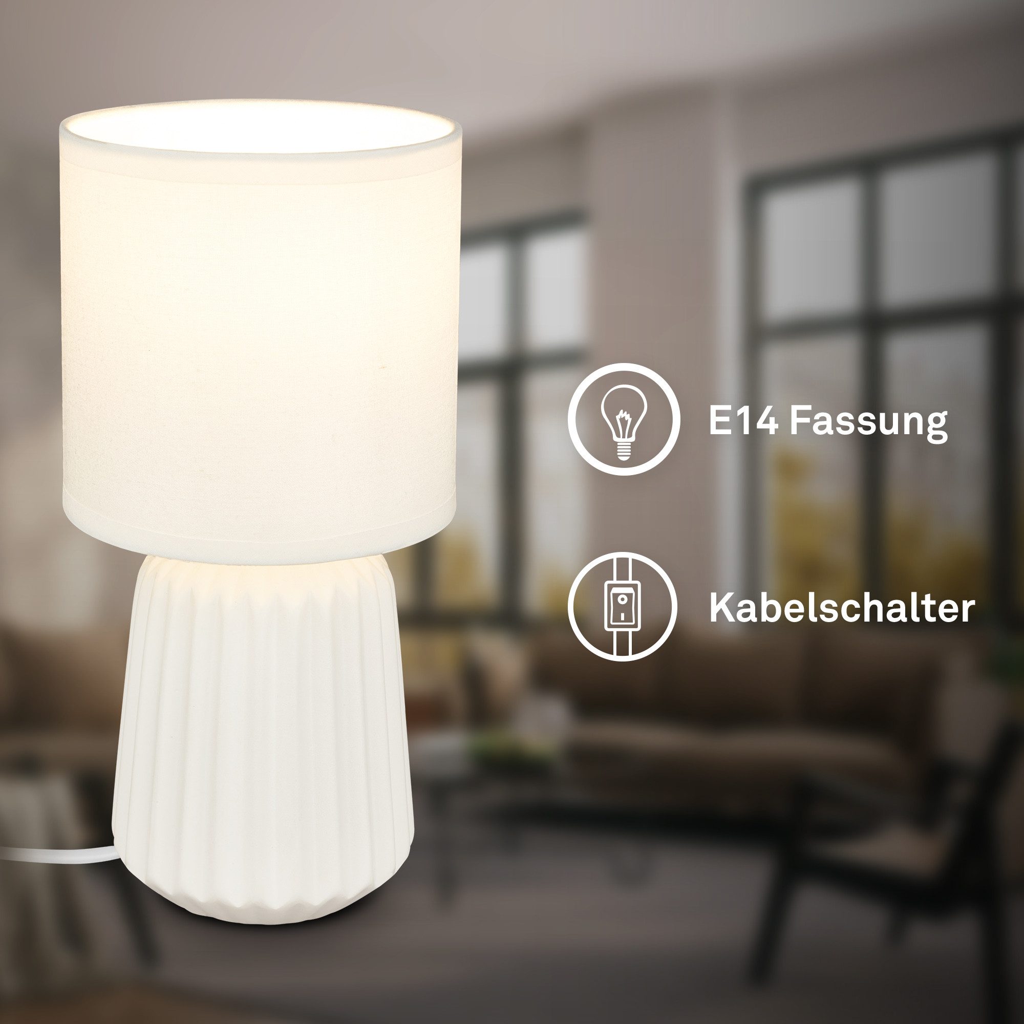 Briloner Leuchten LED Tischleuchte Tischlampe Keramik E14 Stoffschirm Kabelschalter Kommodenlampe, ohne Leuchtmittel, Abhängig vom Leuchtmittel, 13x27 cm, Schlafzimmer, Wohnzimmer, Flur