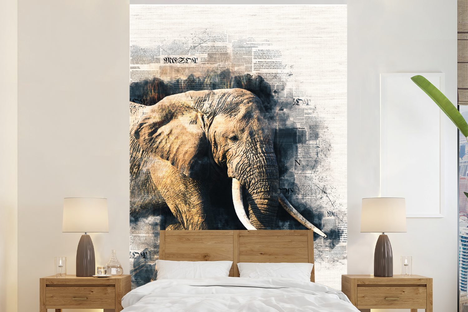 MuchoWow Fototapete Elefant - Farbe - Zeitungspapier, Matt, bedruckt, (3 St), Montagefertig Vinyl Tapete für Wohnzimmer, Wandtapete