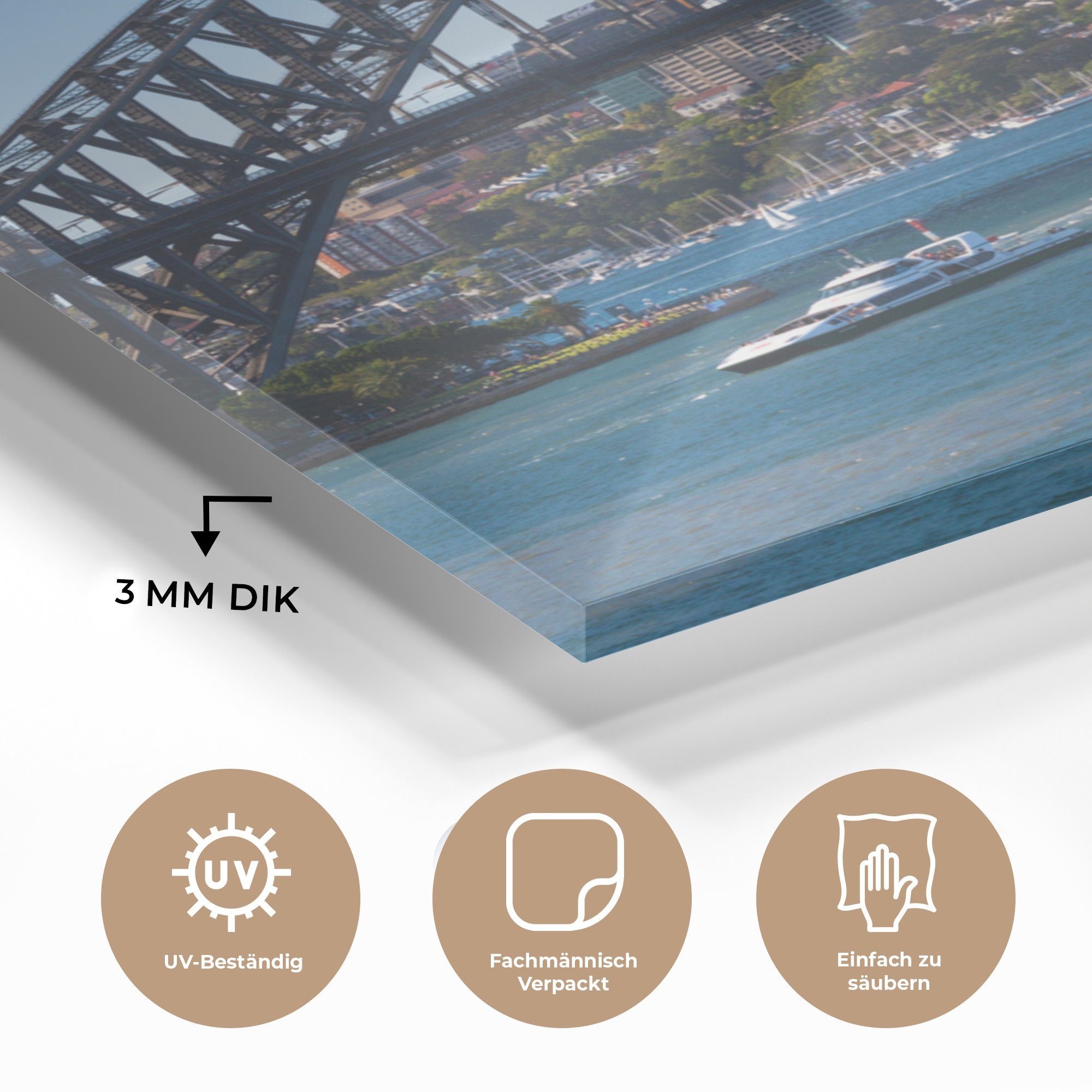 MuchoWow Acrylglasbild Boote Wanddekoration Australien, Glasbilder der - auf Harbour - Bilder Bridge Sydney Glas Foto in - unter (1 St), auf Wandbild Glas