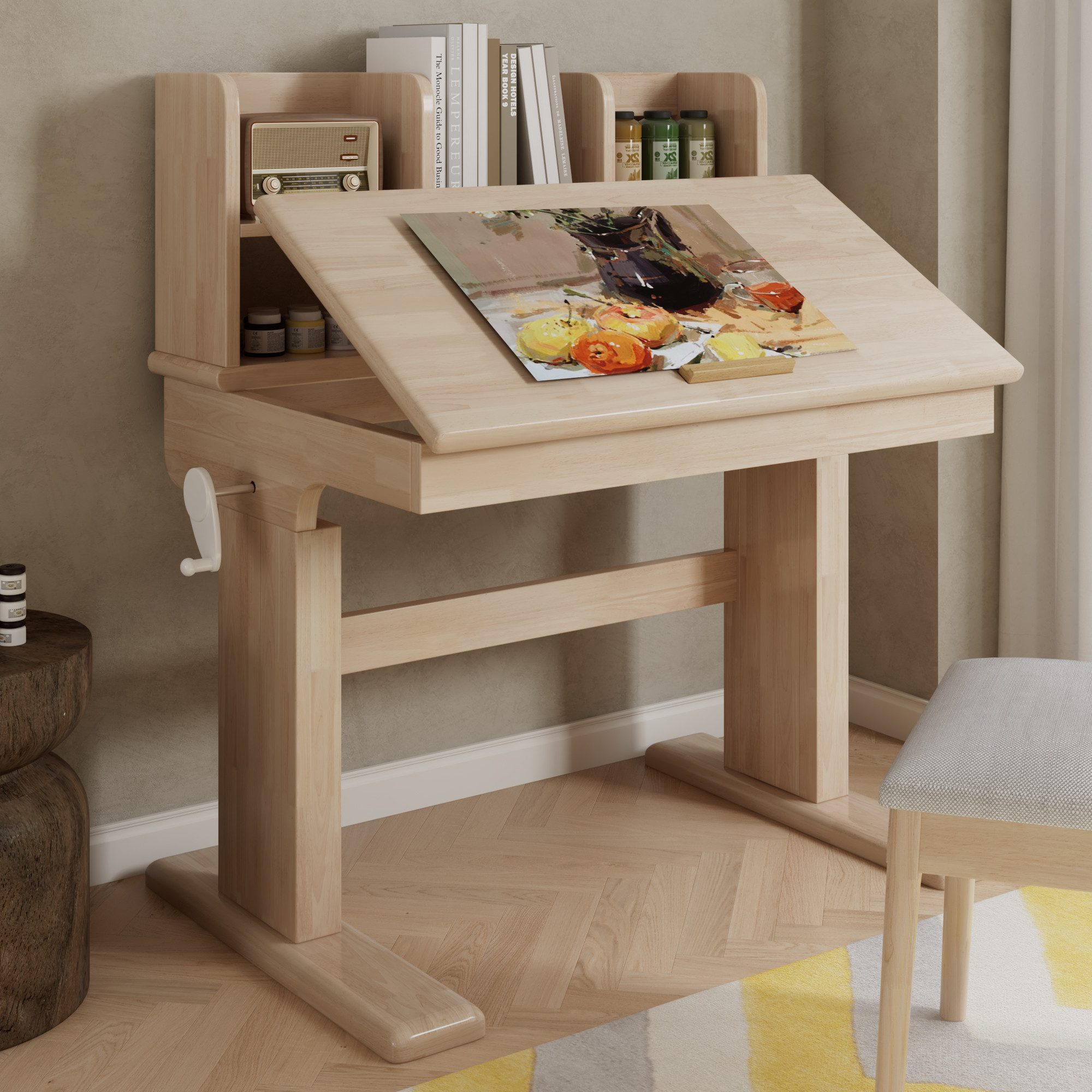 HAUSS SPOLE Schreibtisch mit klappbare Tischplatte,Kindertisch für Kinder ab 6 Jahren,Natur (Kinderschreibtisch mit Kurbelmechanismus und funktionalem Stauraumkonzept für Lern- und Kreativbereiche), Flexibel einstellbare Tischplatte