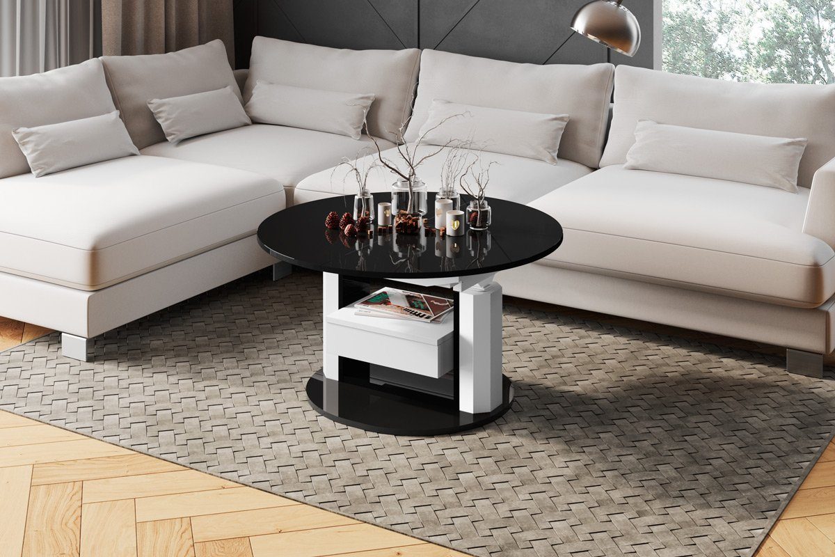 designimpex Couchtisch Couchtisch HPM-111 Hochglanz ausziehbar höhenverstellbar mit Schublade Schwarz Hochglanz / Weiß Hochglanz