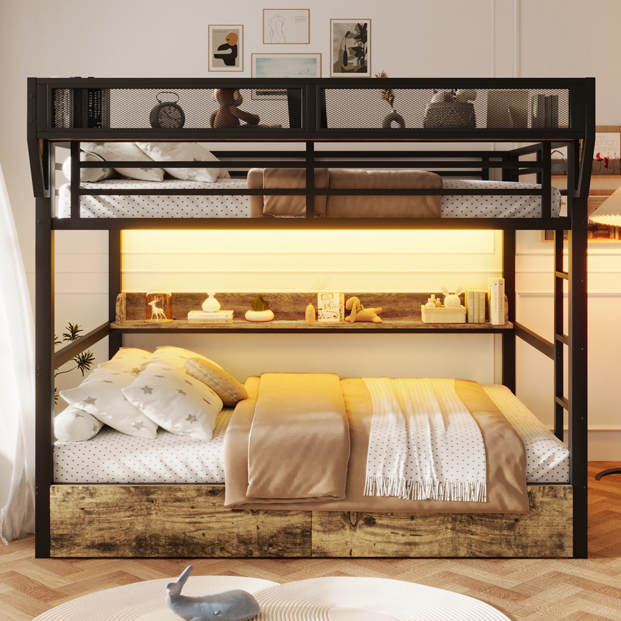 Flieks Etagenbett, Metallbett 140x200cm mit Schubladen LED-Beleuchtung Aufbewahrungskorb