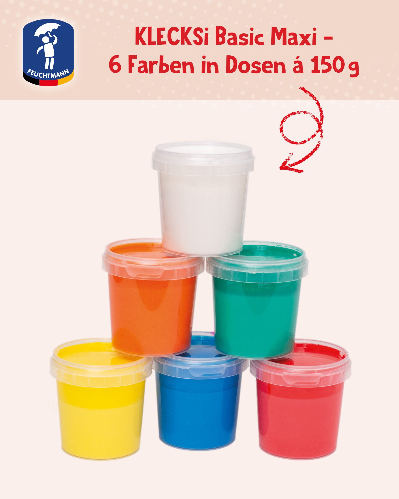 Thumbnail - Feuchtmann Fingerfarbe KLECKSi Basic Maxi, 6 x 150g hautfreundliche Fingermalfarbe für Kinder