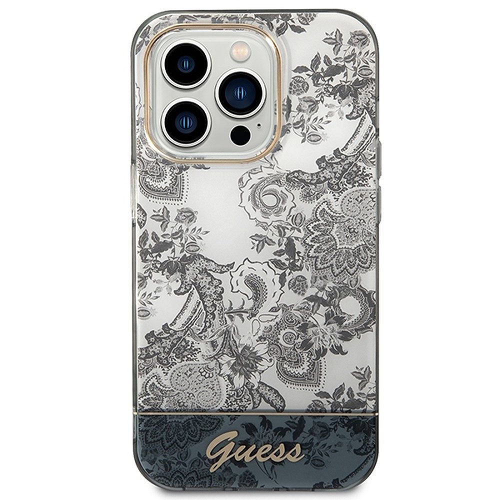 Guess Handyhülle Schutzhülle Smartphonehülle Rückschale 6,1 Zoll, Porzellan-Dessin, Goldlogo, TPU/PC-Hartschale
