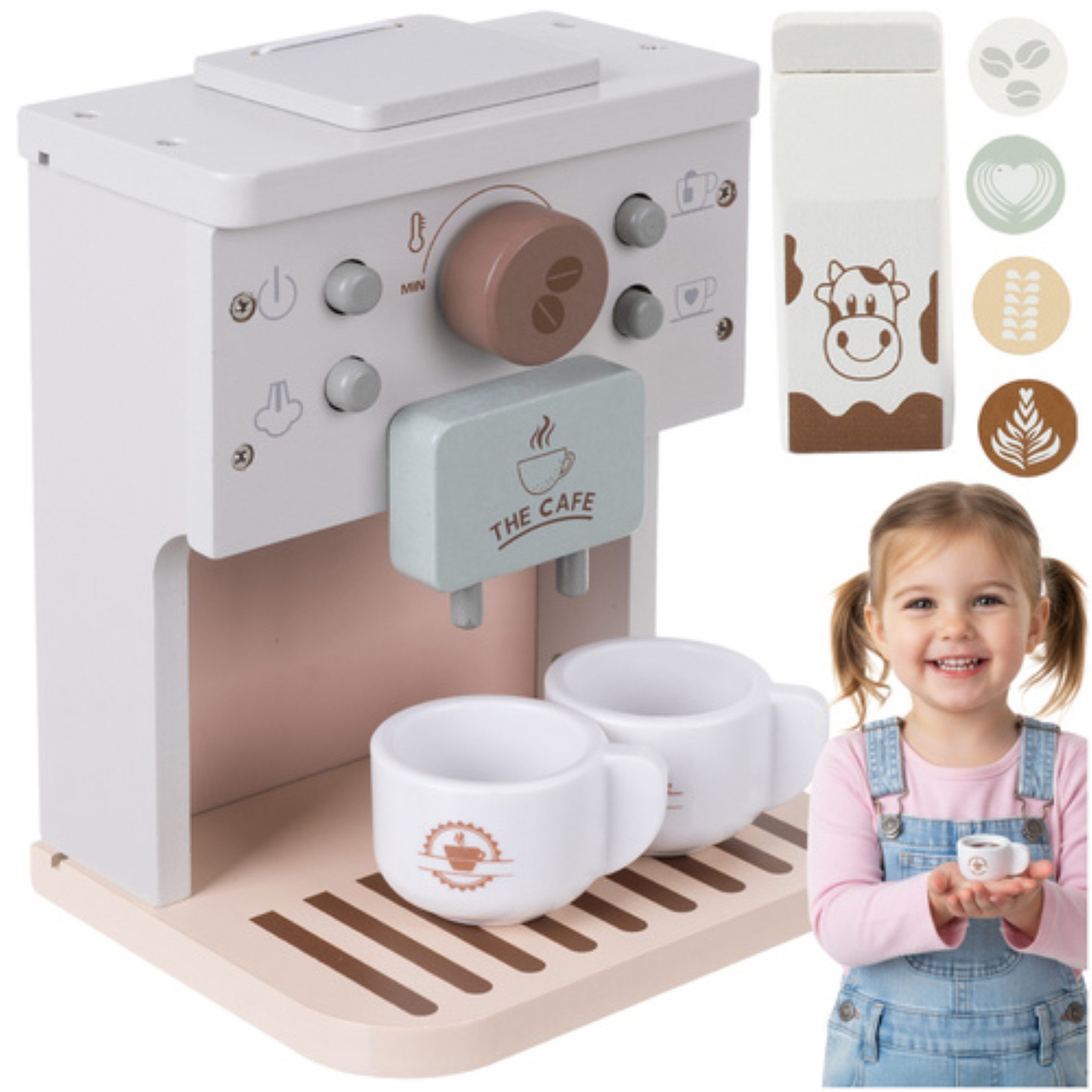 KRUZZEL Kinder-Kaffeemaschine Kaffeemaschine aus Holz für Kinder mit Zubehör Lernspielzeug Kücheset, (Kinderküchen Spielset Kaffeemaschine aus Holz mit Zubehör ab 3 Jahren, Holz Kaffeemaschine Spielset mit Tassen Milchkarton Kapseln für Kinder), Fördert R