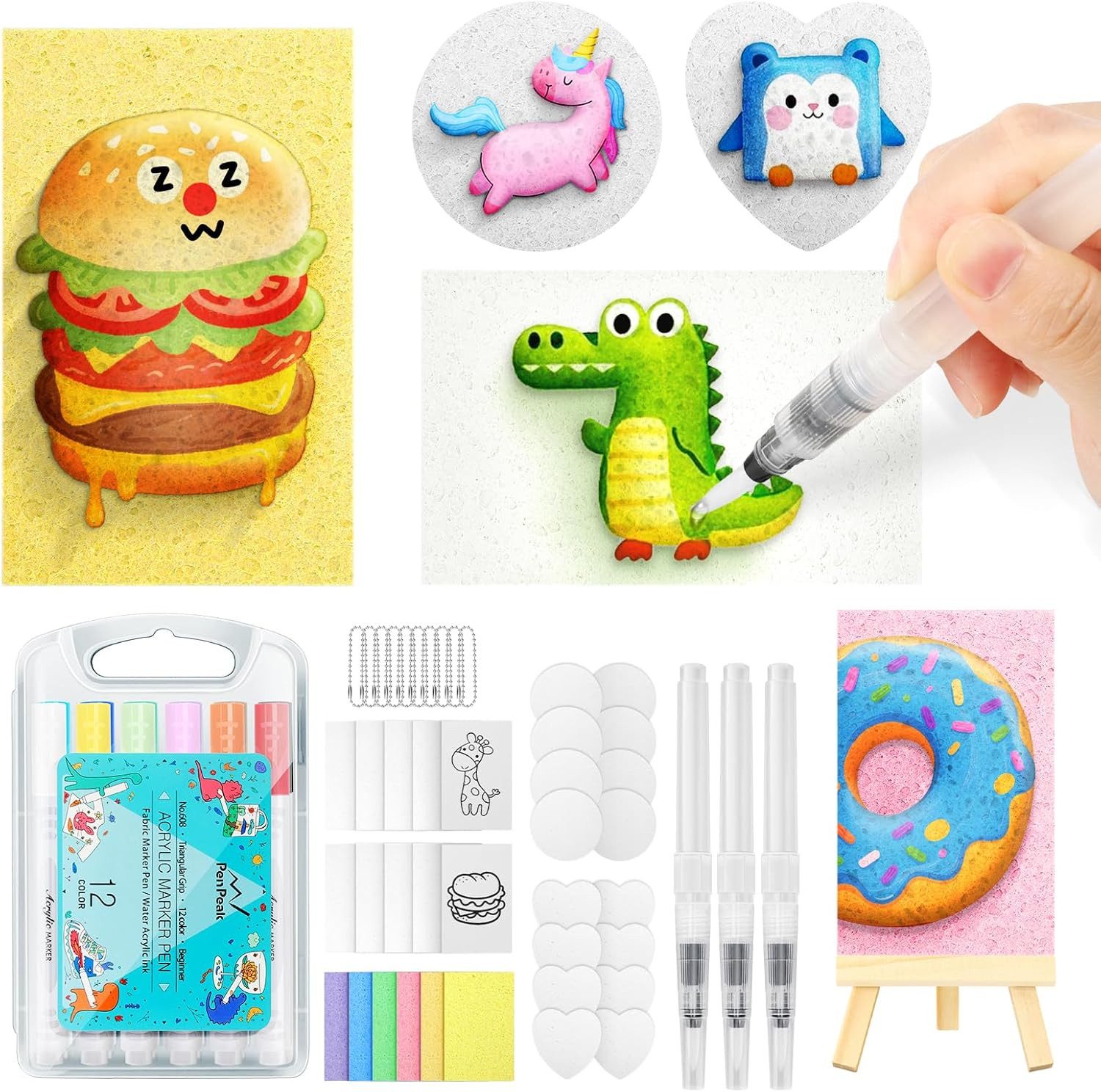 CLTYQ Kreativset 58Pcs Magische Schaum Strukturmalerei Set, (Magische 3D Effekt Textur Malerei Kit DIY Kunst Zubehör, 58-tlg), 32 Pcs Schaumstoff Textur Papier, 12 Farben Acryl Marker Stifte