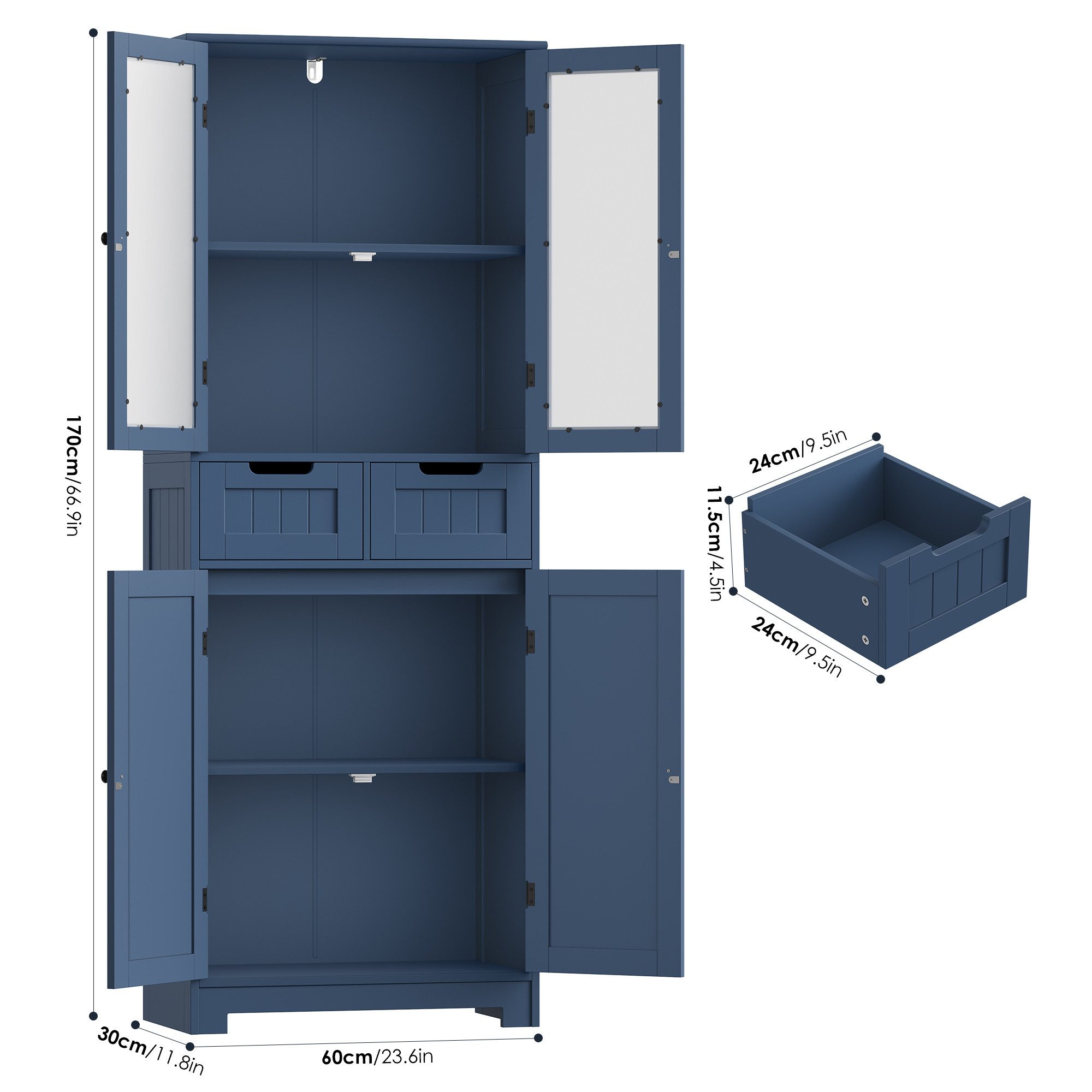 HOMECHO Hochschrank Badschrank mit 4 Türen 2 Schubladen für Küche, Bad, Weiß