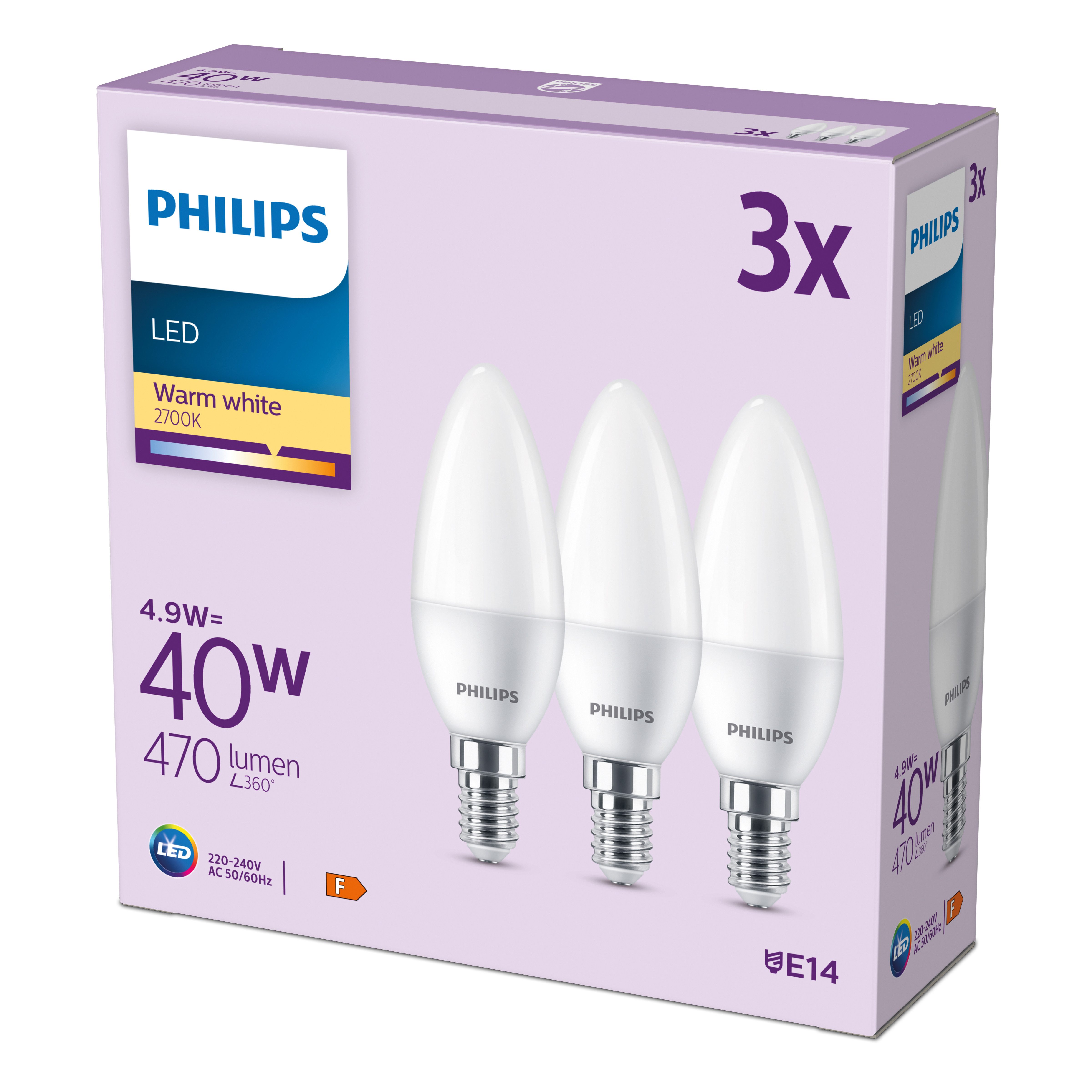 Philips LED-Leuchtmittel 40W Non-Dim, E14, 3 St., Warmweiß