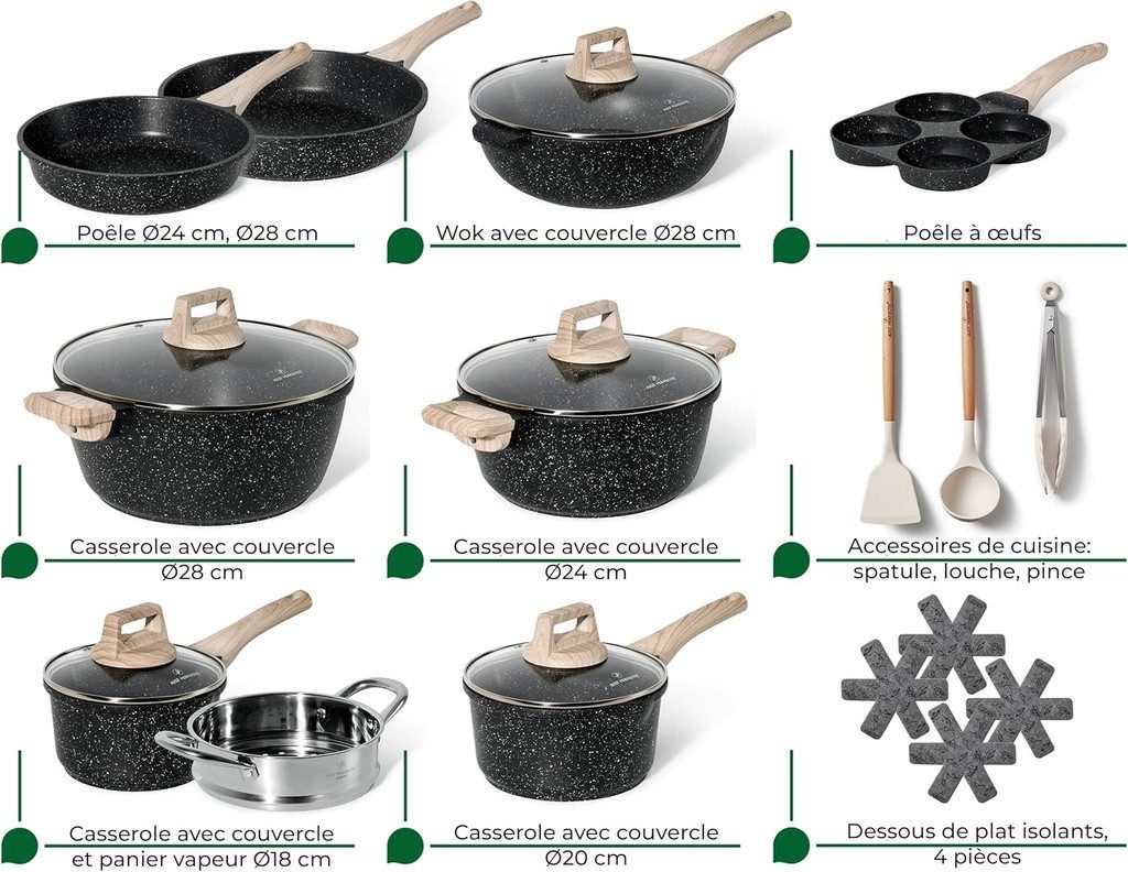 Just Perfecto Kochtopf Just Perfecto 21-teiliges Granit-Kochgeschirr-Set Schwarz, Kochtopfset Granitoptik