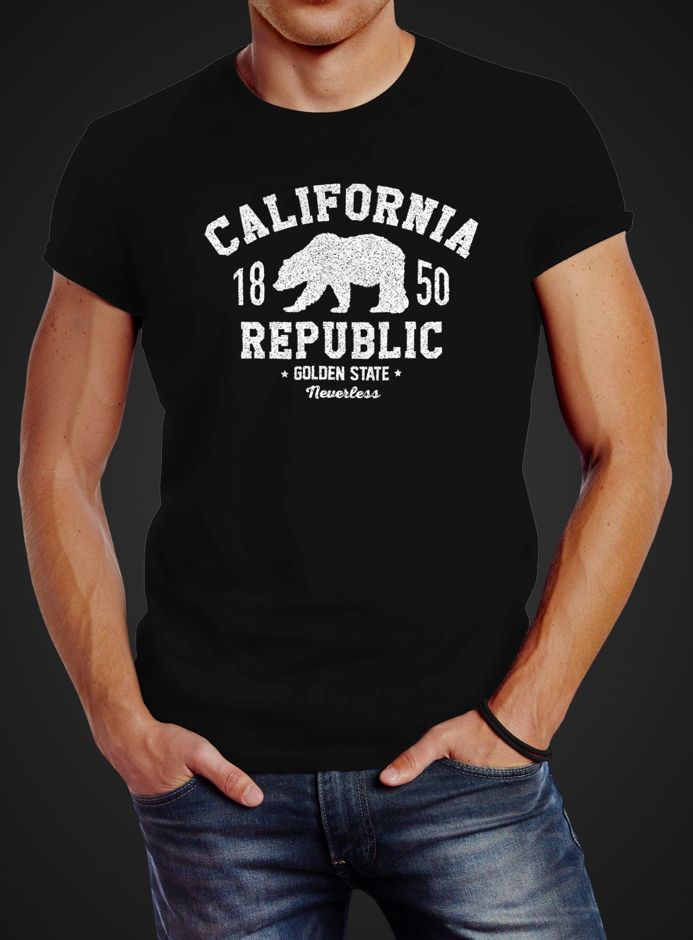 Neverless Bär Slim T-Shirt Print Bear Golden mit schwarz California Print-Shirt State Republic Fit Herren Grizzly Neverless® Logo Kalifornien
