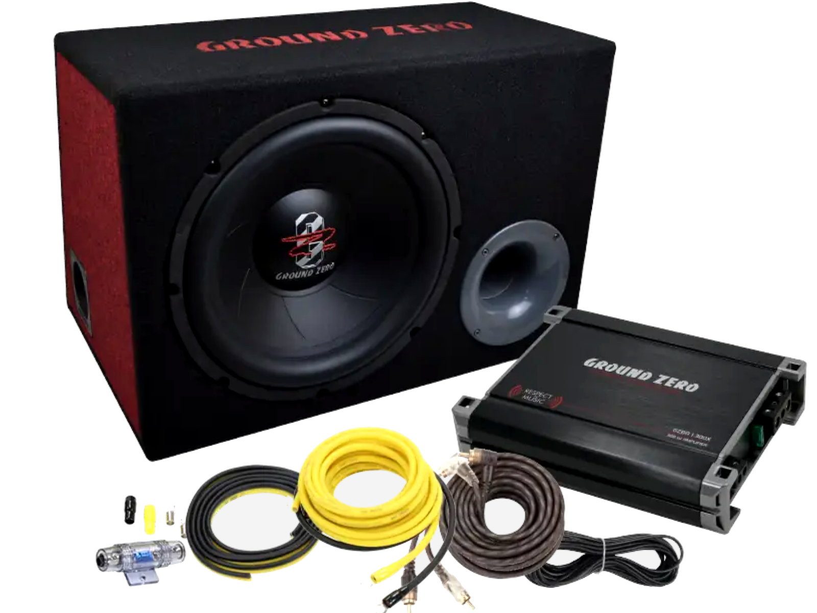 Ground Zero Ground Zero 30 cm Basspaket Subwoofer Verstärker Set Kabelset GZ Auto-Subwoofer (300 W)