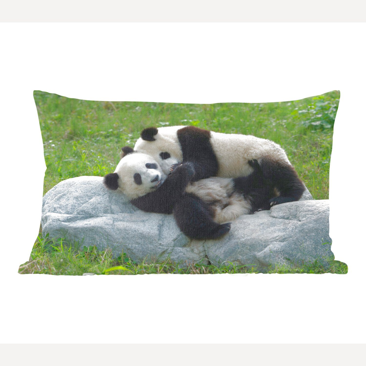 MuchoWow Dekokissen Pandas - Gras - Stein, Wohzimmer Dekoration, Zierkissen, Dekokissen mit Füllung, Schlafzimmer