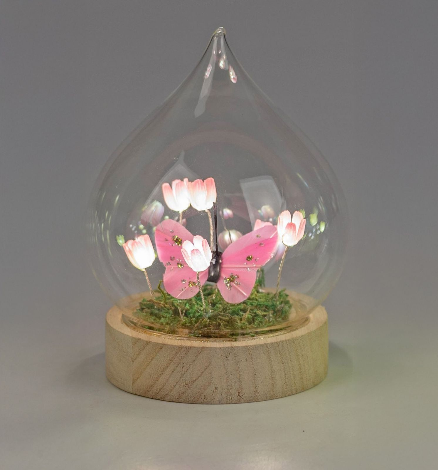 formano LED Dekolicht LED Deko Tropfen Blumen Schmetterling Glaskugel Sockel & Timer 17 cm, LED fest integriert