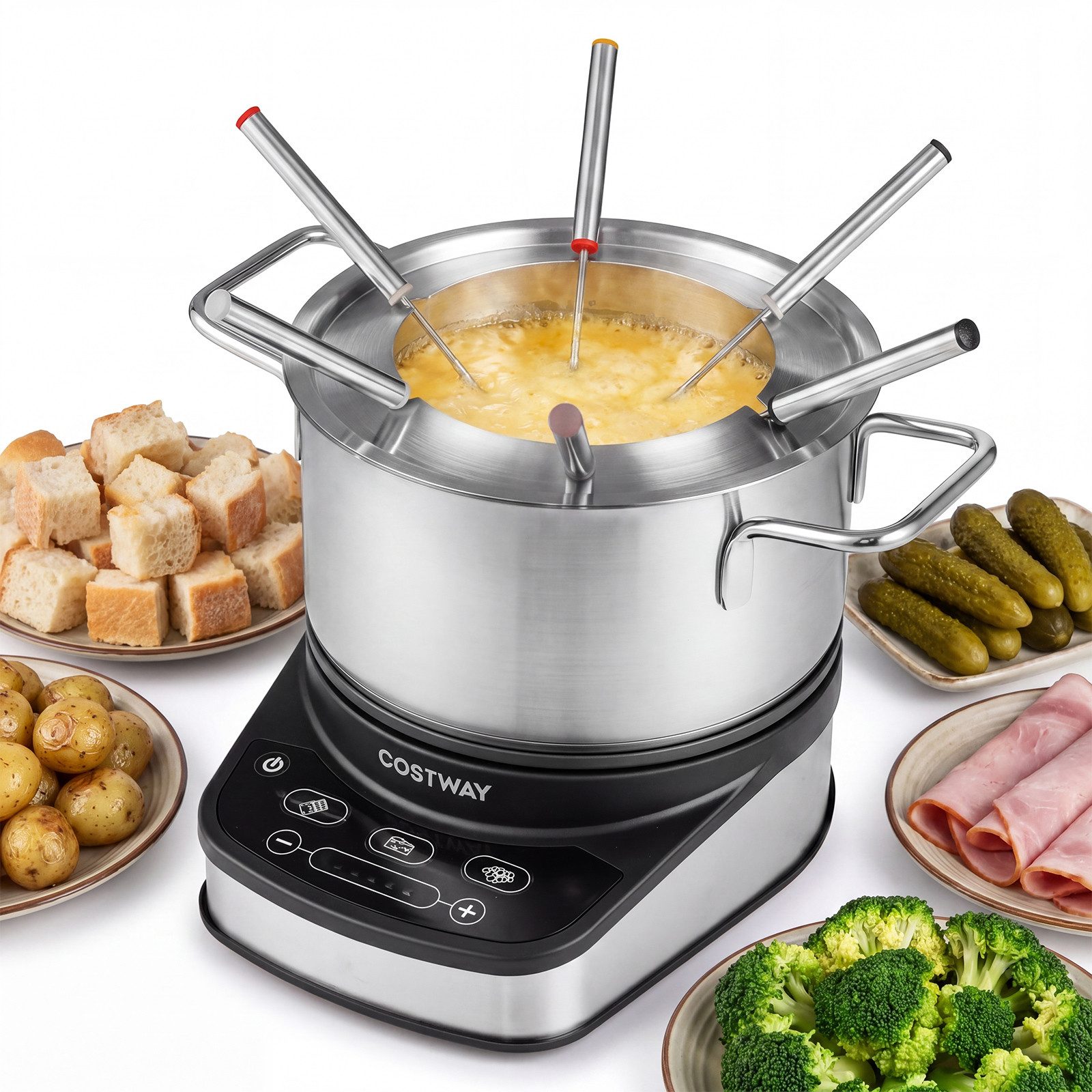 COSTWAY Elektro-Fondue, 1200W Fondueset mit 3L Edelstahltopf & 6 Gabeln