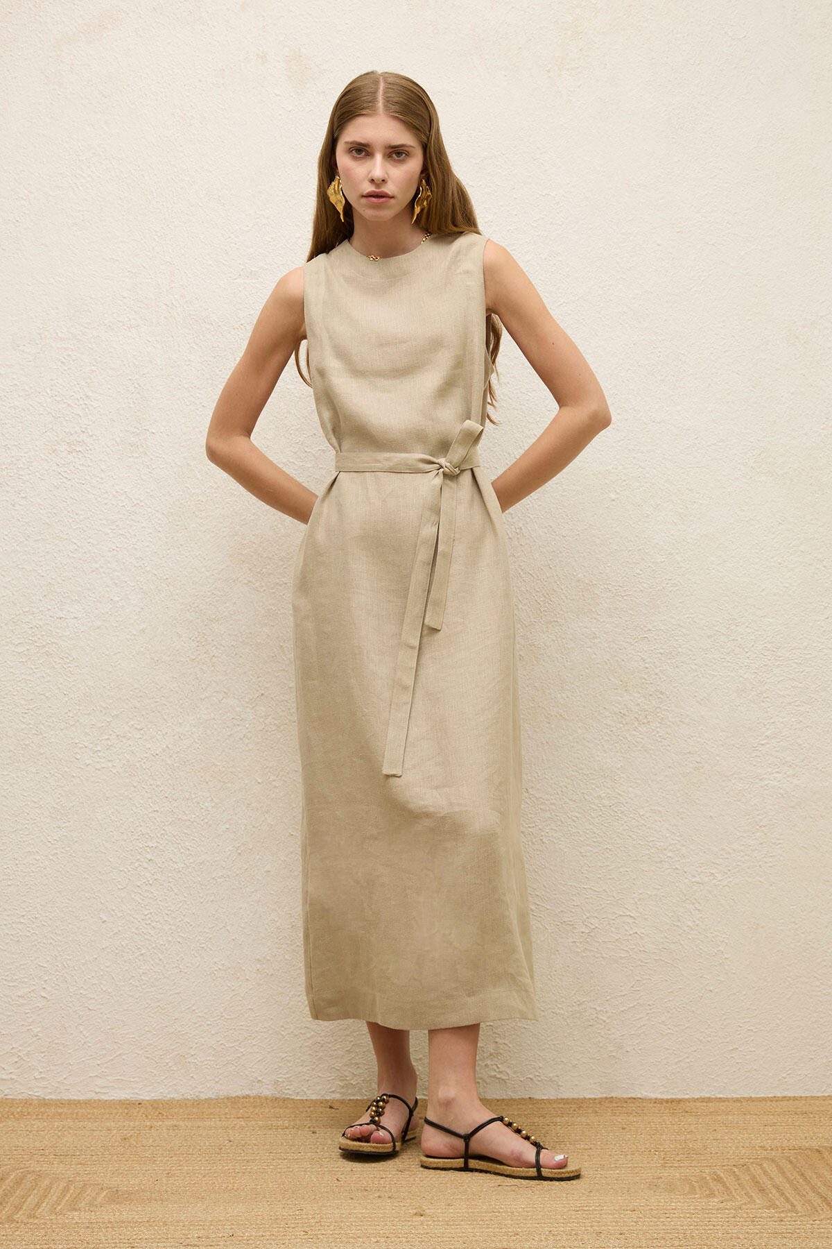 MANUKA Midikleid Ärmelloses Leinen Kleid Beige Weich