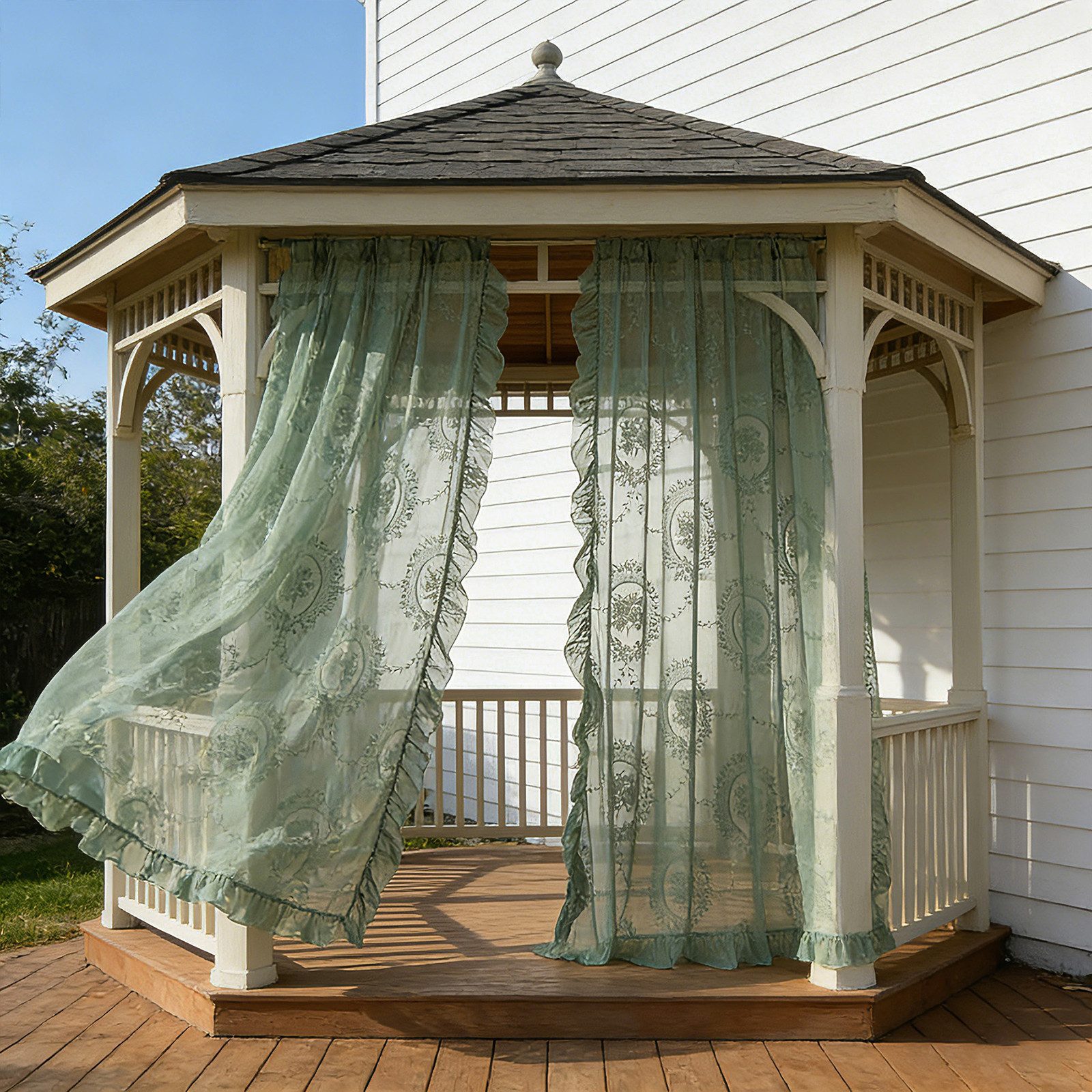 Qelus Gardine Voile Gardinen Transparent Vorhänge Kräuselband für Innen Außen (2 St), 2er Set Rüschenvorhänge Vintage-Tüll, Blumenspitze Shabby-Chic-Dekor